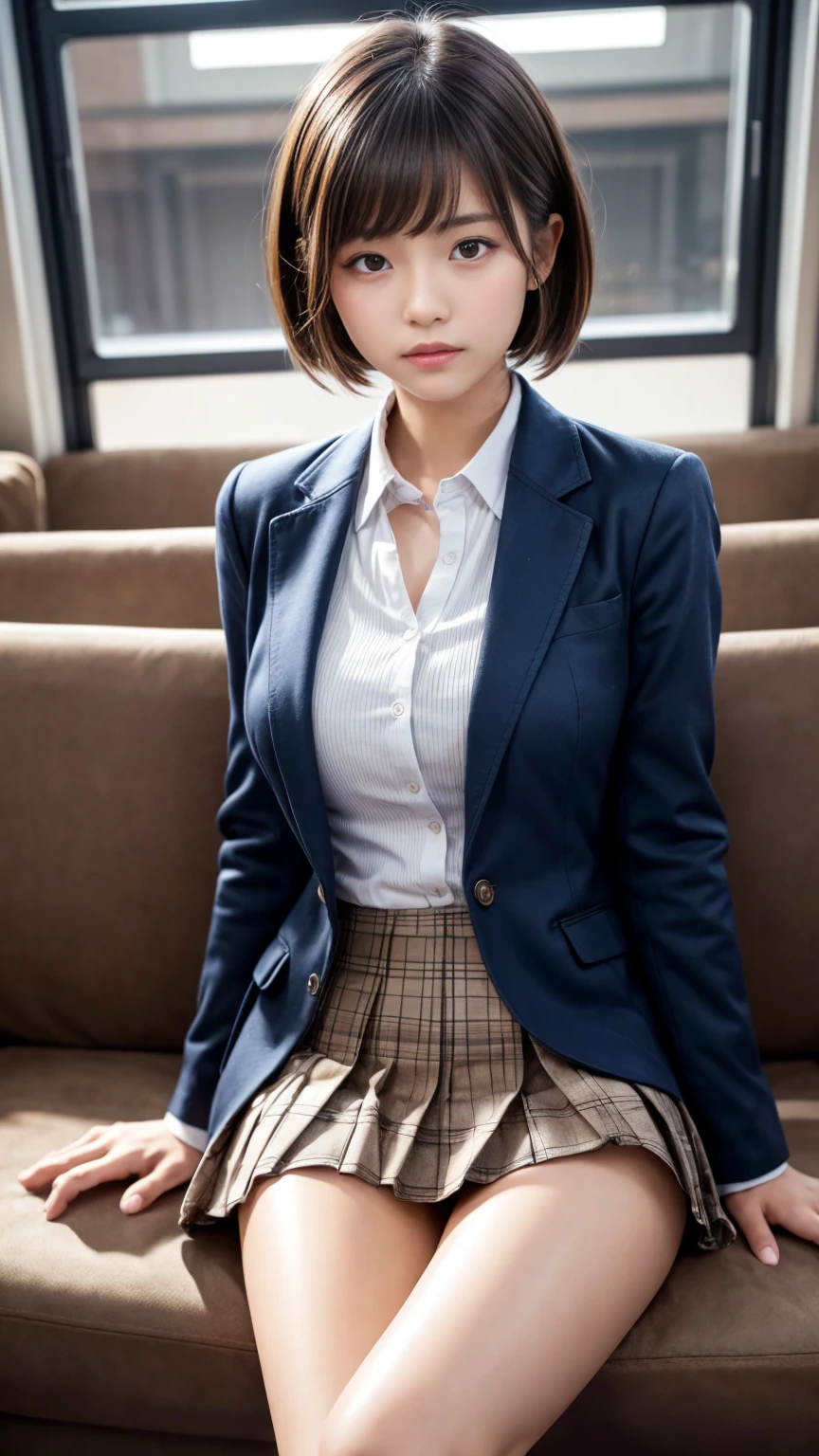 Top Quality, Photorealistic, 8K, High Definition, 1 Girl, Female, (1.8), School, Schoolgirl, Blazer, Uniform, Pubic hair visible, No panties, Skirt boldly pulled up, ((Sit in chair and legs wide open)), Bend your knees and open your legs, Slightly shorter hairstyle, Grab your knees with your hands to open your legs, Buttoned shirt flutters