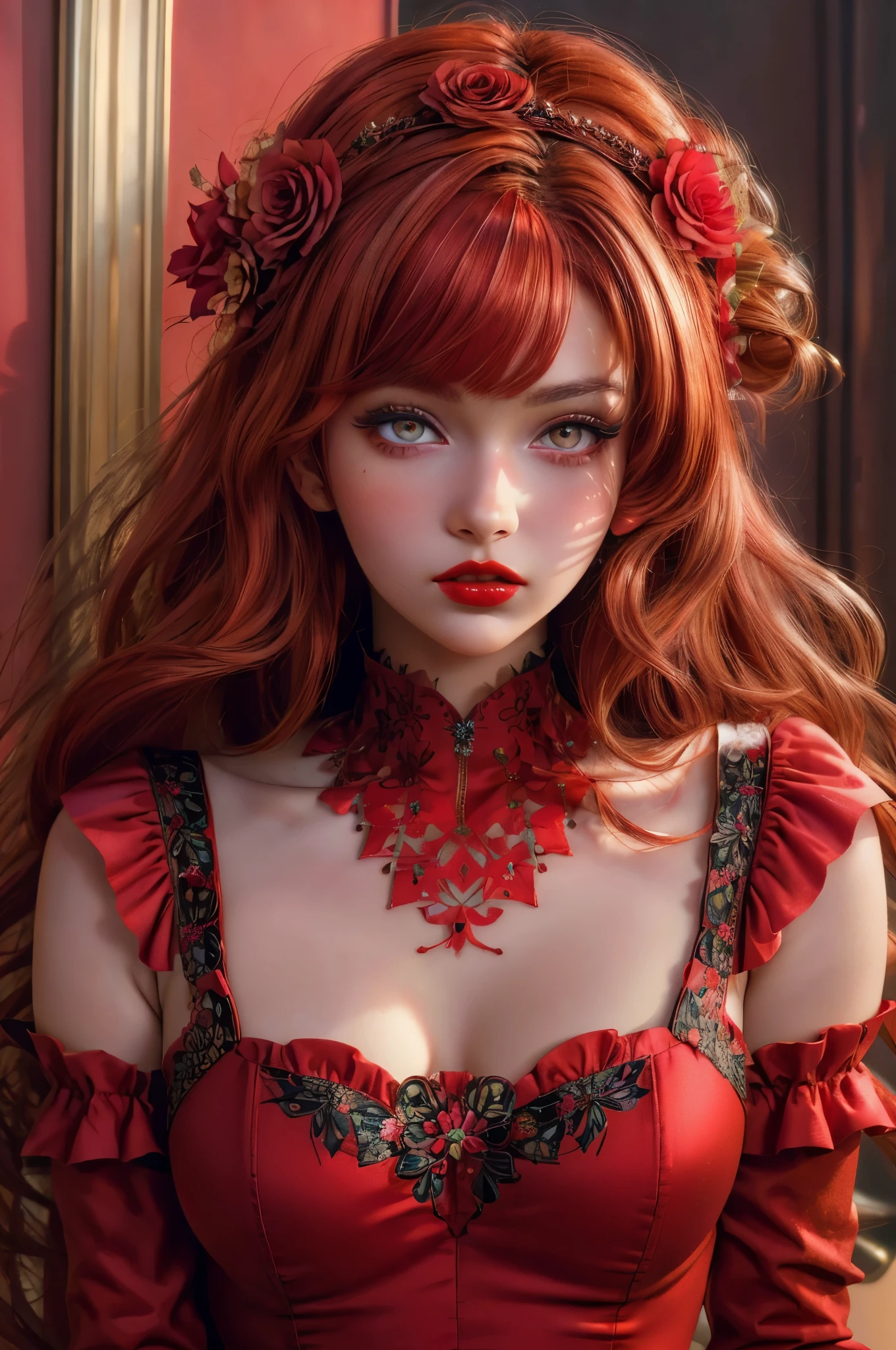 (masterpiece),(best quality:1.0), (ultra highres:1.0), detailed illustration, 8k, anime, 1girl, beautiful anime girl, wearing a red dress, flower crown, pretty face, detailed face, beautiful eyes, detailed eyes, dark red eyes, bright red lips, red lipstick, beautiful stylish hair, highlights in hair, bangs anime style, best quality, vibrant