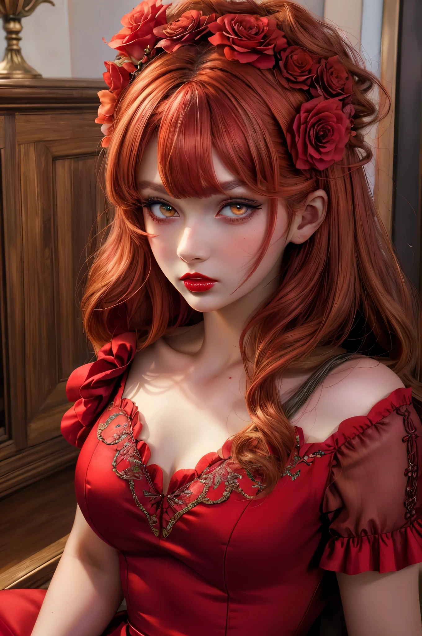 (masterpiece),(best quality:1.0), (ultra highres:1.0), detailed illustration, 8k, anime, 1girl, beautiful anime girl, wearing a red dress, flower crown, pretty face, detailed face, beautiful eyes, detailed eyes, dark red eyes, bright red lips, red lipstick, beautiful stylish hair, highlights in hair, bangs anime style, best quality, vibrant