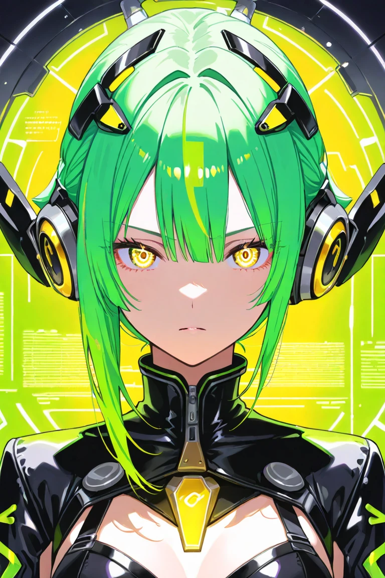 extremely clear 8K wallpaper, extremely delicate and detailed face:1.3, absurdres, masterpiece, glossiness, An android girl wearing a full face mask., The entire surface of the mask she is wearing is a display and fluorescent green information is displayed on an opaque black background., target mark, seek bar, line graph
