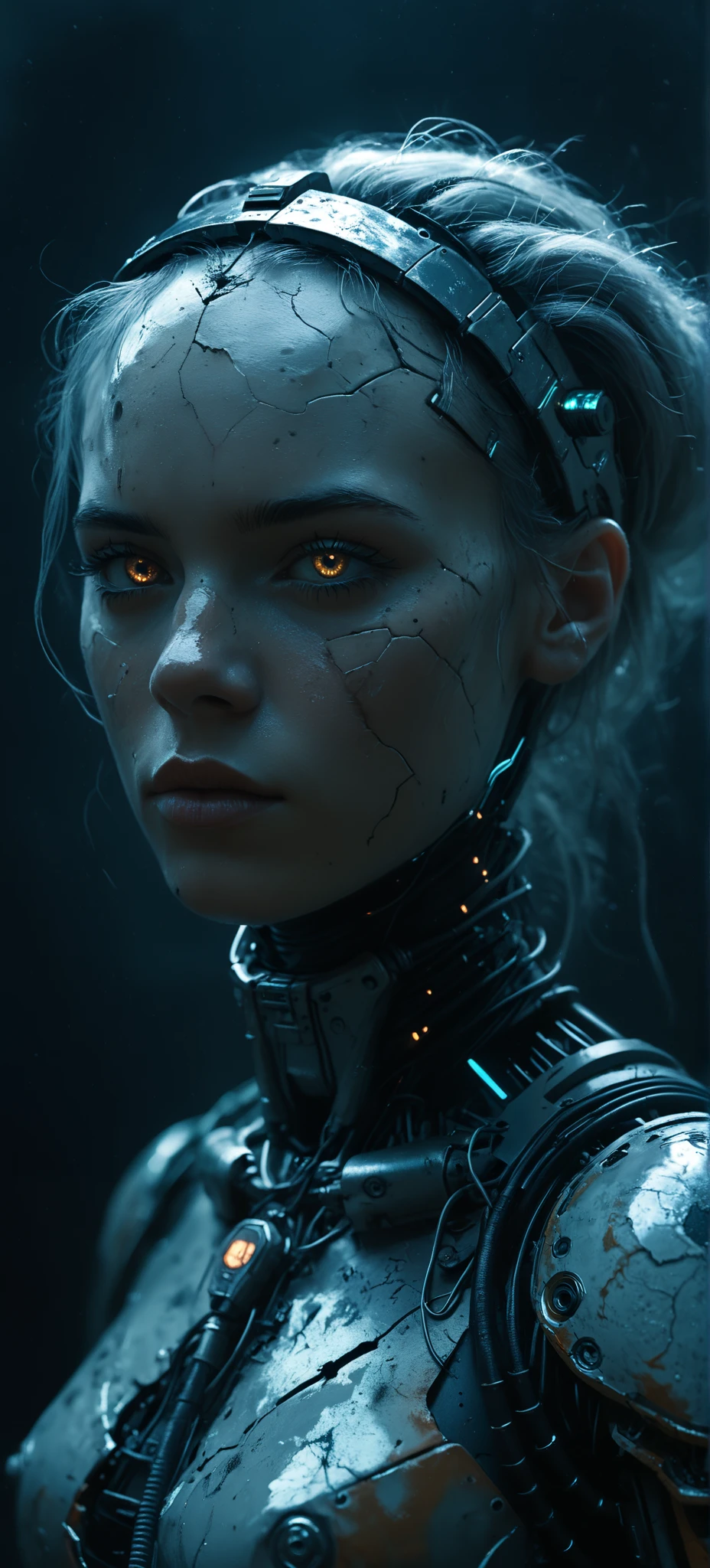 A cyberpunk digital close-up painting depicting an old rusty robot that sadly wanders through an alien landscape. The character's face is partially hidden by a complex cybernetic headdress made of weathered, rusty metal with complex mechanical components, grooves, screws and wire, and exposed wire and cable fragments.Old diodes are dim, cracked, and dimly illuminated.The parts and assemblies are made in different styles because it has been repaired many times. The headdress is also old, scratched and rusty. The protective visor is cracked, scratched, cloudy, with traces of soldering. Bare wires extend from the headdress, connecting to the neck and torso of the character. The background is a fantastic landscape. The landscape is similar to the moon. Craters and rocks covered with dust.An incredibly beautiful sky of cosmic colors, planets, stars. The soft and uniform lighting highlights the details of the cybernetic nodes while maintaining a neutral mood. The color palette highlights the contrast between the old half-dried mechanism and the incredibly beautiful starscape. High contrast and saturation. The overall composition highlights a futuristic cybernetic aesthetic thanks to balanced and neutral white lighting.