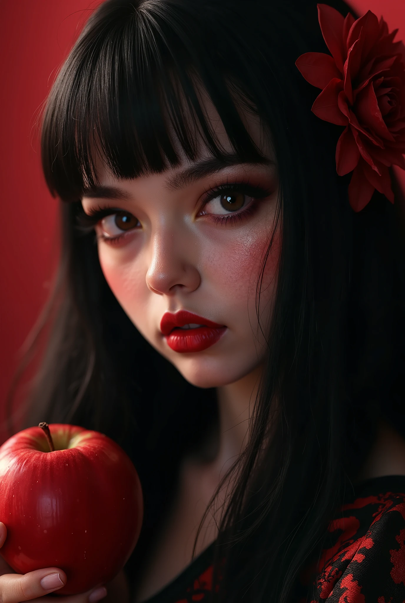 There is a woman with a red flower in her hair holding an apple - SeaArt AI