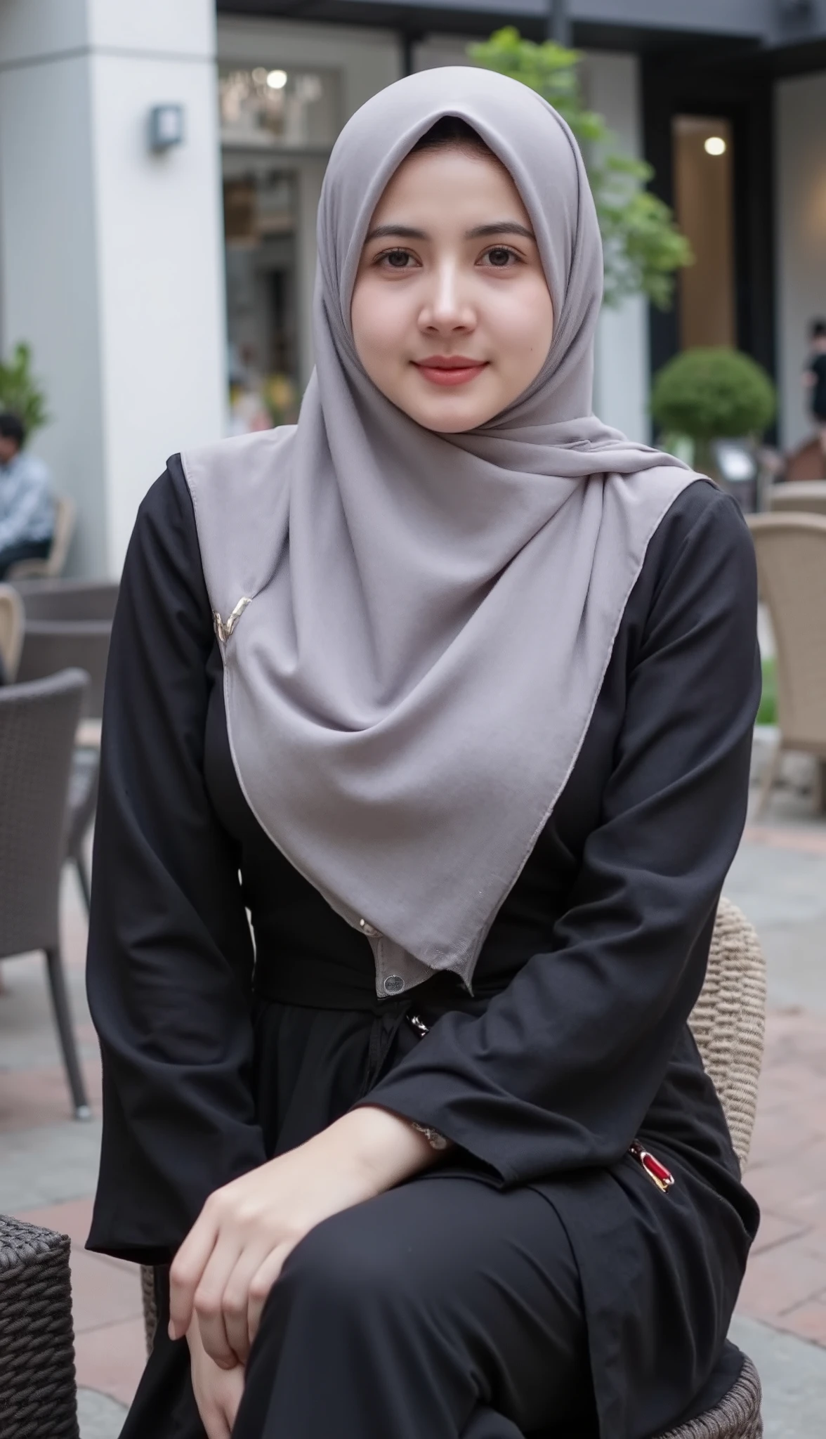 (Masterpiece: 1.2, Best Quality), Realistic, (Realistic Picture, Complex Details, Depth of Field), Best Quality, Masterpiece, Highly Detailed, Realistic, 1 adult girl, indonesian wife, 23 Years Old, , chest forward, huge breasts, thin lips, beautiful and seductive, sexy body, wearing a grey Muslim hijab modern stylish, wearing black robe casual, sitting in the cafe pendopo, the town square background, many couples dating, full body view, look at viewer, full photo.