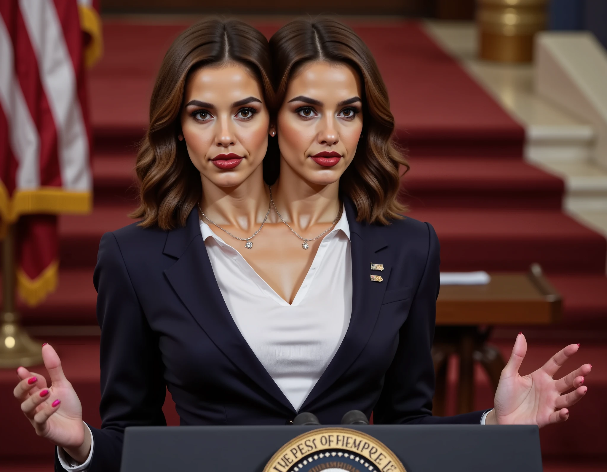 realistic face two headed Caucasian female with brown hair and brown eyes a in business suit, us president, very fit, two heads, conjoined twins, white polo shirt, big boobs, speaking at podium, podium with potus seal, inaguration, us capitol, us flag pin on blazer, red fingernails, red lips, late 40s, wavy hair, necklace, black high heels, full body shot