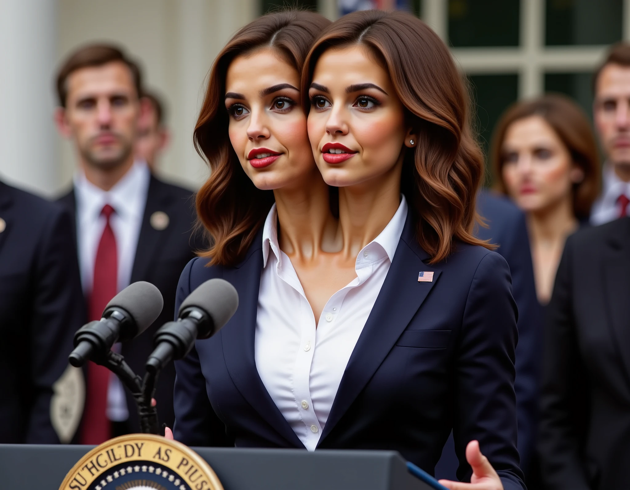 realistic face two headed Caucasian female with brown hair and brown eyes a in business suit, us president, very fit, two heads, conjoined twins, white polo shirt, big boobs, speaking at podium, podium with potus seal, inaguration, us capitol, us flag pin on blazer, red fingernails, red lips, late 40s, wavy hair, necklace, black high heels, full body shot