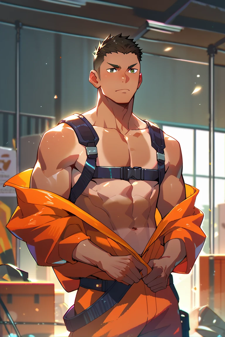 boy, very attractive boy, Mexican ethnicity. tanned skin, jet black hair, carefree smile, carefree expression, young man, alone, marked muscles, beautiful musculature, aesthetic stretch marks, inspiring physique, lean muscles, square pecs, beautiful V-cone, excellent abs and torso, shiny jumpsuit, standing in front, young JEDI Knight (young face) ready to fight, top rated pixiv, wears a jedi robe, chiseled abs, chiseled pecs, with his jet black military haircut and voluminous collar, narrow waist, open tunic, bare chest, white sclera, blue eyes, hornless, brave superhero, human face, beautiful, young. City background, skyscraper, futuristic city, night, stars, night lights, skill image, looking at the viewer, jedi whose presence inspires trust and respect. (((His Jedi tpunica color is black and brown.)))