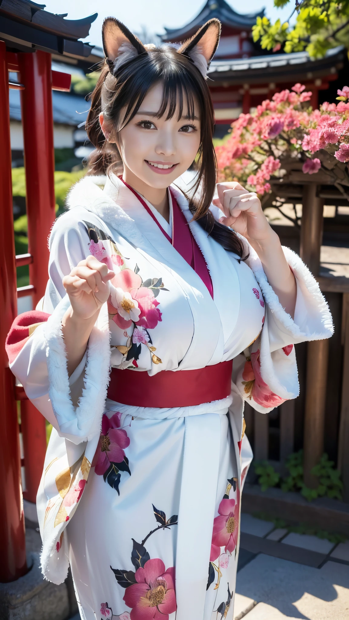  top quality, Masterpiece, Ultra High Resolution, High Definition RAW Color Photos , pro pics, natural skin texture, fine skin, hyperrealism, Ultra-Fine,16k, smiles,(gigantic breasts),Japan,(((煌びやかなJapanの着物,floral long sleeve kimono,right color花柄振袖,white fur shawl,Fur stole,Japan人女性2人,another face duo,Group of 2, Beast Ears, Shrine grounds,((paw pose)))))
