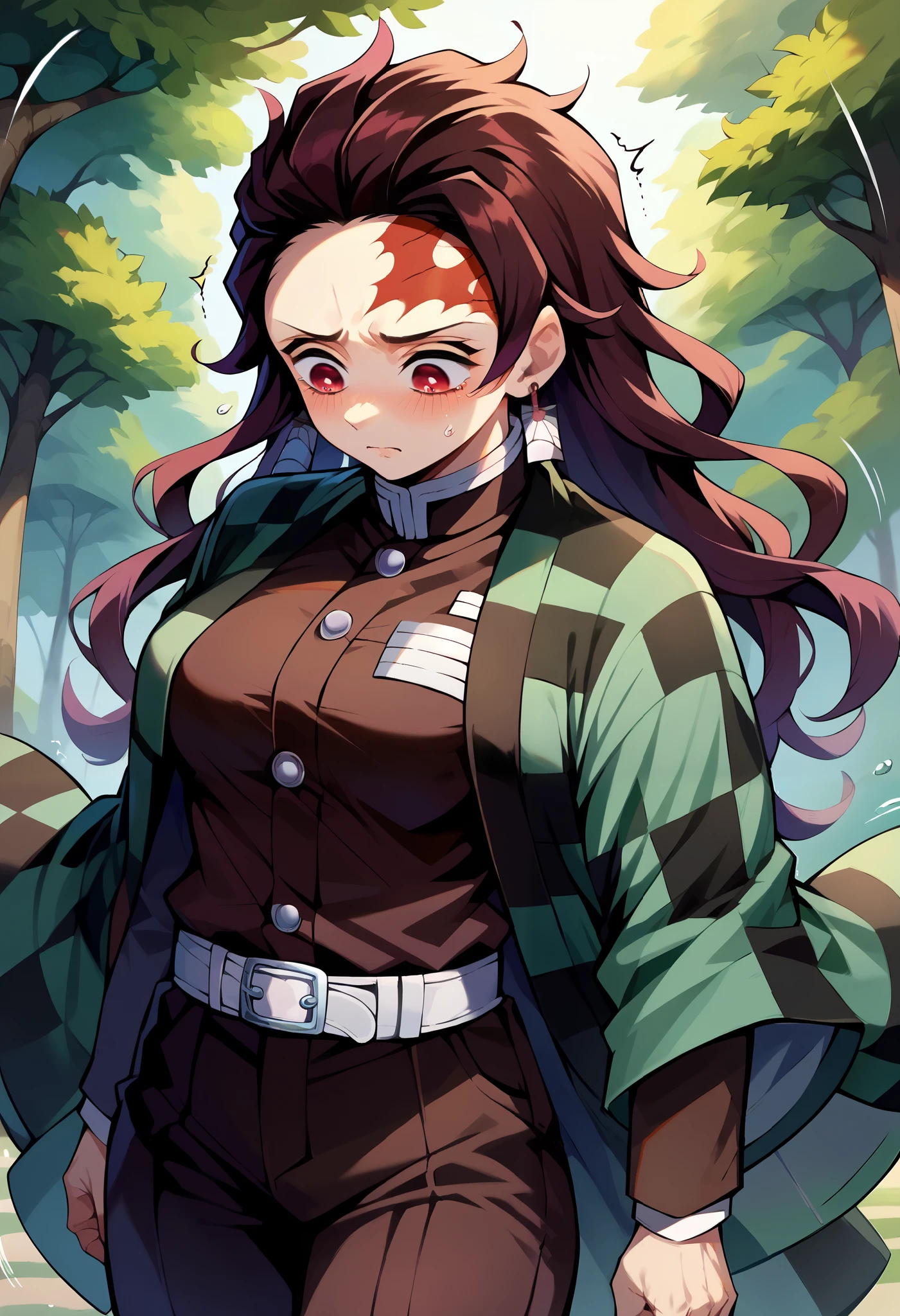 score_9, score_8_up, score_7_up, 1girl, female focus, solotanj1rokamad0, scar on forehead, long hair, brown hair, red eyes, demon slayer uniform, japanese clothes, checkered clothes, haori, black jacket, long sleeves, black pants, white belt, shaking, earrings, sad, blushing, standing, opened clothes, forest, looking down, medium breasts, genderswap \(mtf\)