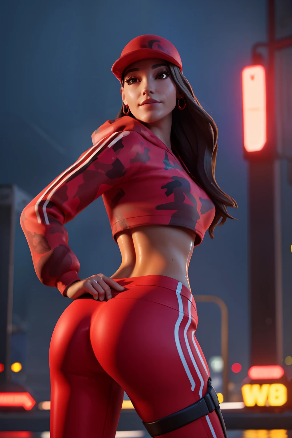 1girl, beautiful, <lora:Ruby2:0.6>, smirk, wearing a hat, earrings, red camo sweatshirt, red_legwear, long hair, brown hair, mascara, nose lips, standing, midriff, naval, earrings, (realistic:1.5), cyberpunk, neon city, neon lights, 3d, cgi, volumetric lightning, from below, white sclera, brown eyes