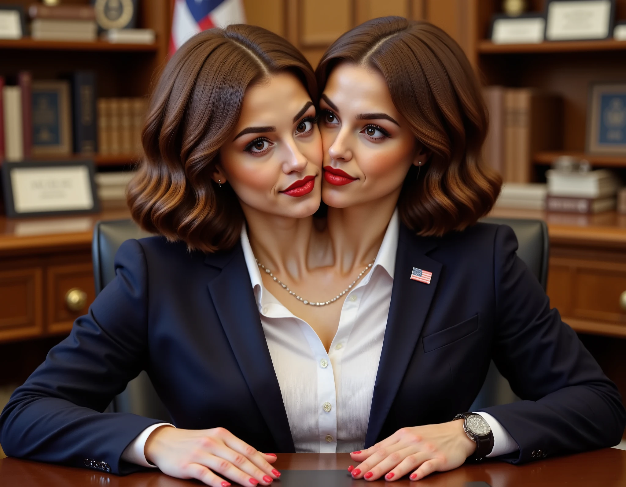 realistic face two headed Caucasian female with brown hair and brown eyes a in business suit, us president, very fit, two heads, conjoined, white polo shirt, round boobs, sitting in Oval Office, us flag pin on blazer, red fingernails, red lips, late 40s, wavy hair, necklace, kissing