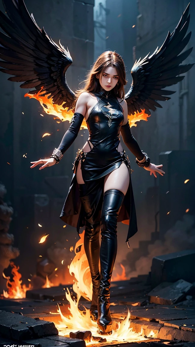 (masterpiece), best quality, (masterpiece), best quality, a (woman with a ((crow on her arm))), the (crow glows)  ((feathers seem to be made of fire)),
The ((crow appears to be made of fire)), 
