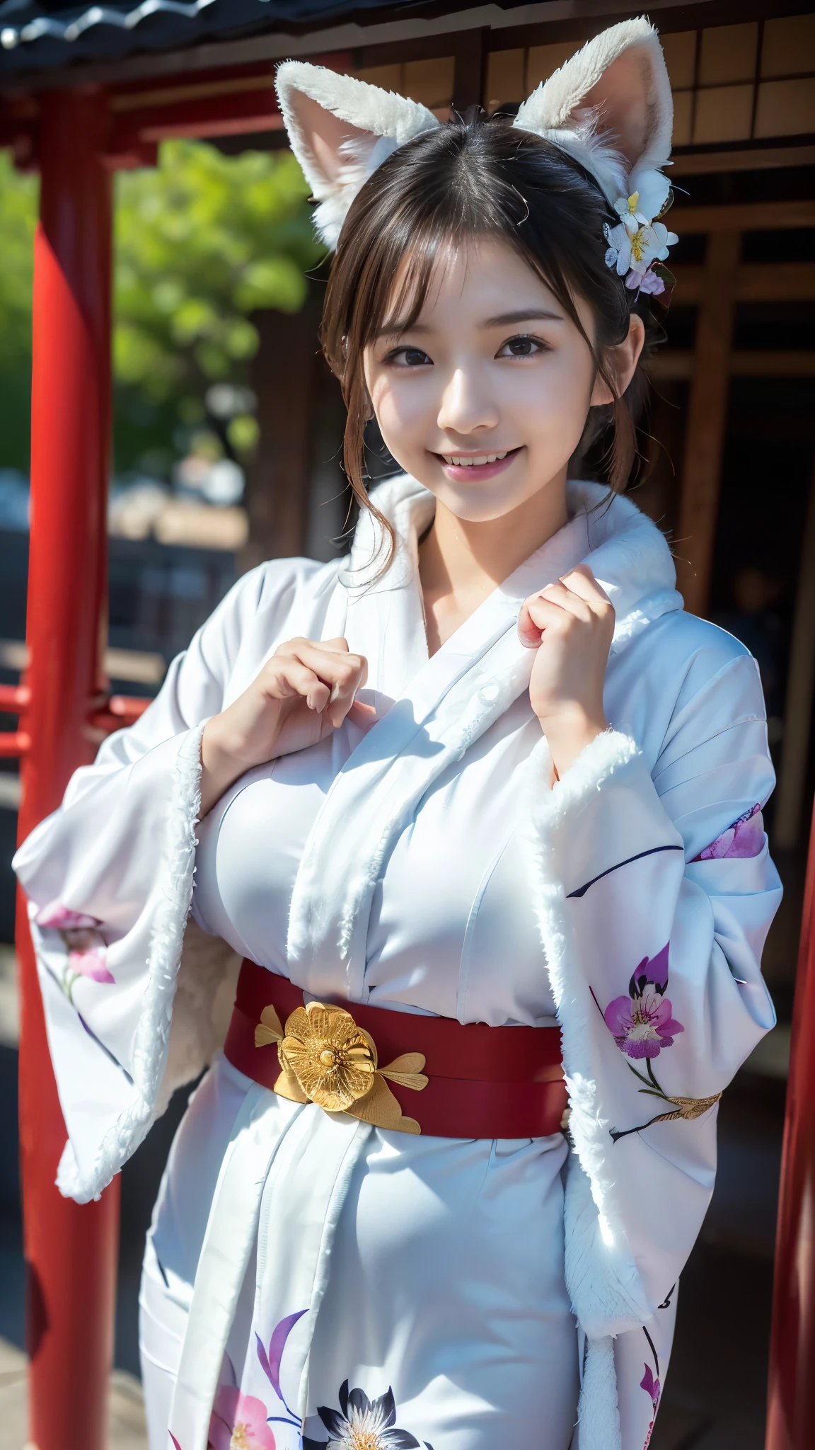 top quality, Masterpiece, Ultra High Resolution, High Definition RAW Color Photos , pro pics, natural skin texture, fine skin, hyperrealism, Ultra-Fine,16k, smiles,(gigantic breasts),Japan,(((煌びやかなJapanの着物,Long-sleeved kimono with a bare flower pattern,right color花柄振袖,white fur shawl,Fur stole,Japan人女性2人,another face duo,Group of 2, Beast Ears, Shrine grounds,(claw pose,))))