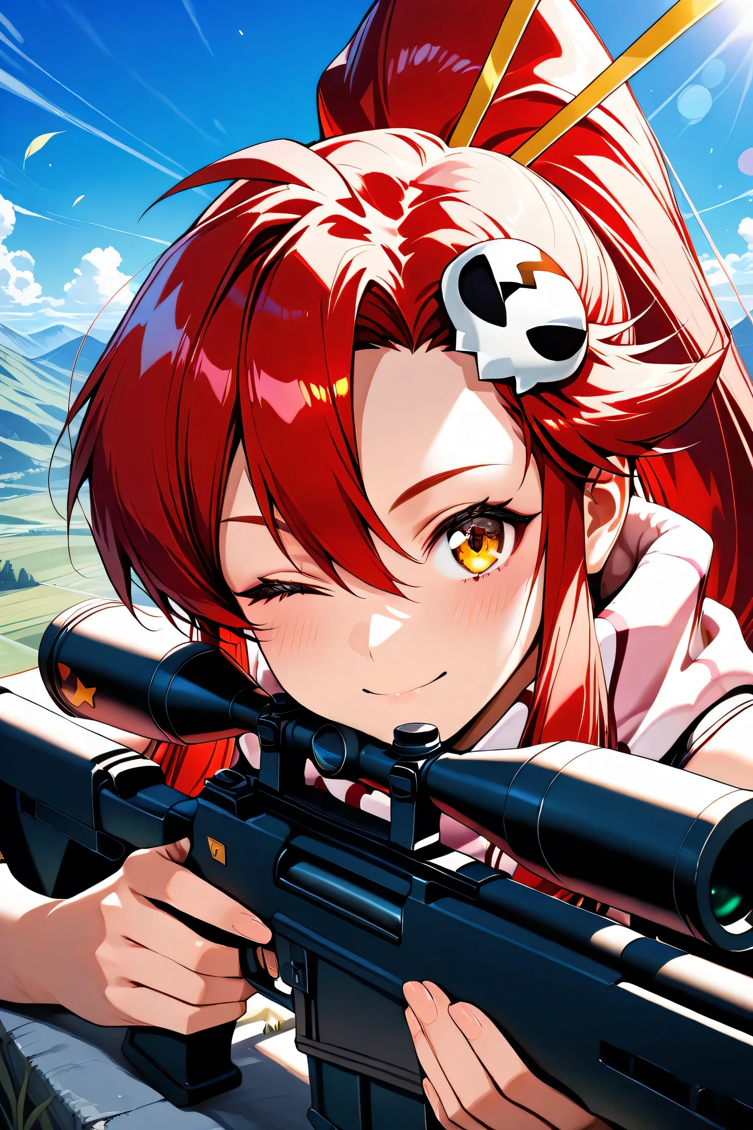 score_9, score_8_up, score_7_up, dynamic view, solo, , 1girl,
masterpiece, best quality, bokeh, luminescent background,
yoko littner, red hair, yellow eyes, ponytail, skull shaped hair ornament,
portrait, calm smile,
Sniper Rifle, one eye closed, prone, depth of view, hilltop, aiming at viewer,