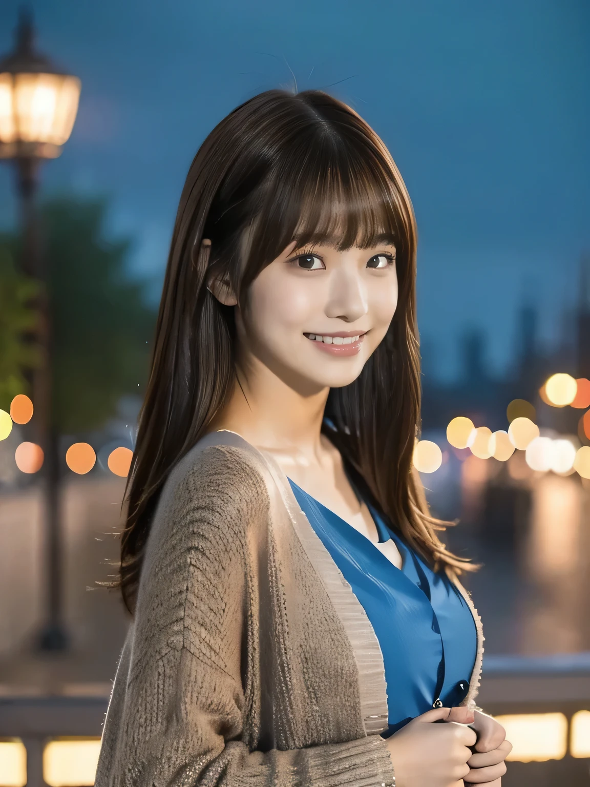 1 girl, solo, blue dress,cardigan long hair, bangs, ((highlight brown hair)),
chest, smiles, Aperture F2.8, 8k octane , 3D rendering , night view, Disney