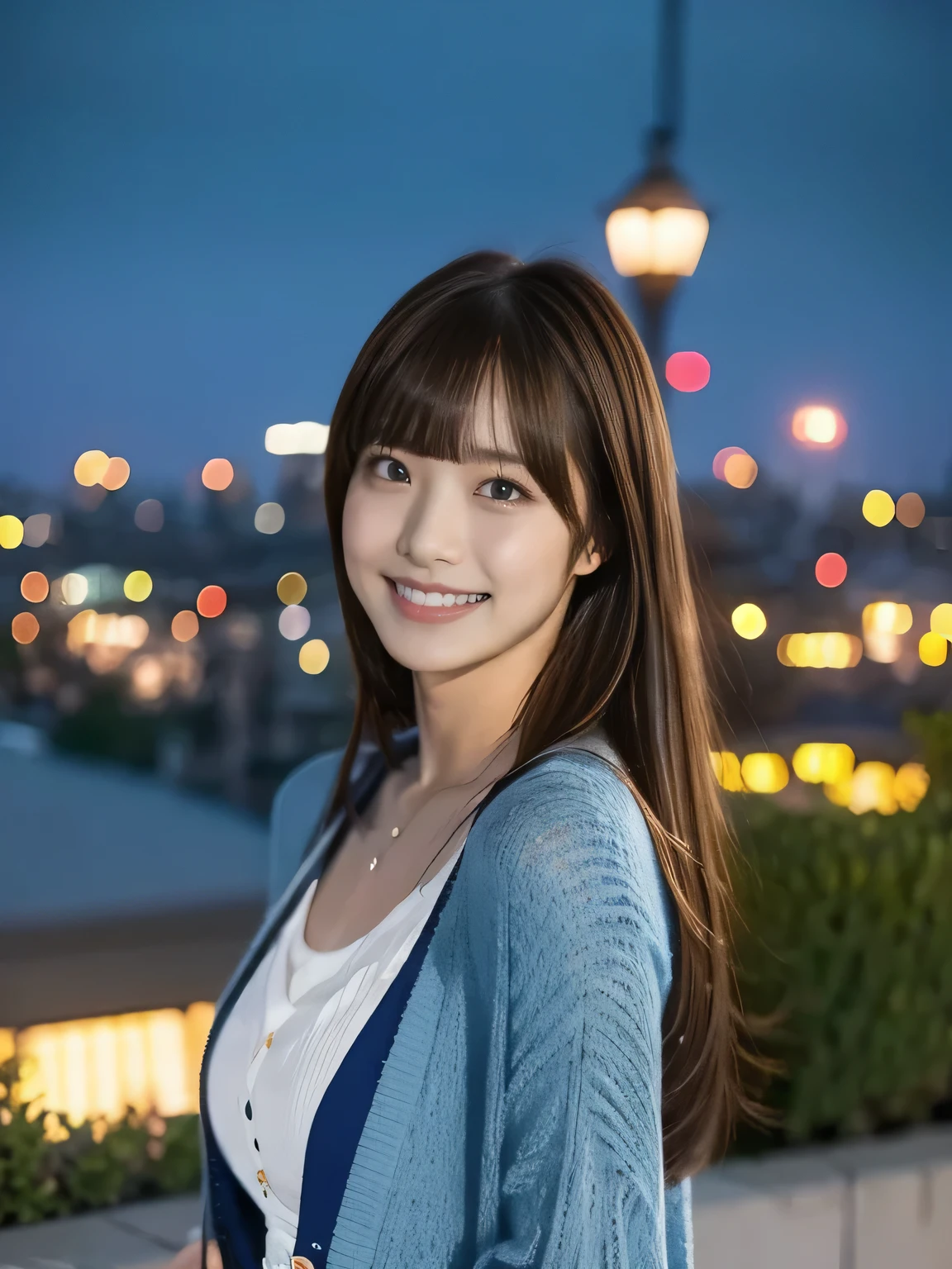 1 girl, solo, blue dress,cardigan long hair, bangs, ((highlight brown hair)),
chest, smiles, Aperture F2.8, 8k octane , 3D rendering , night view, Disney