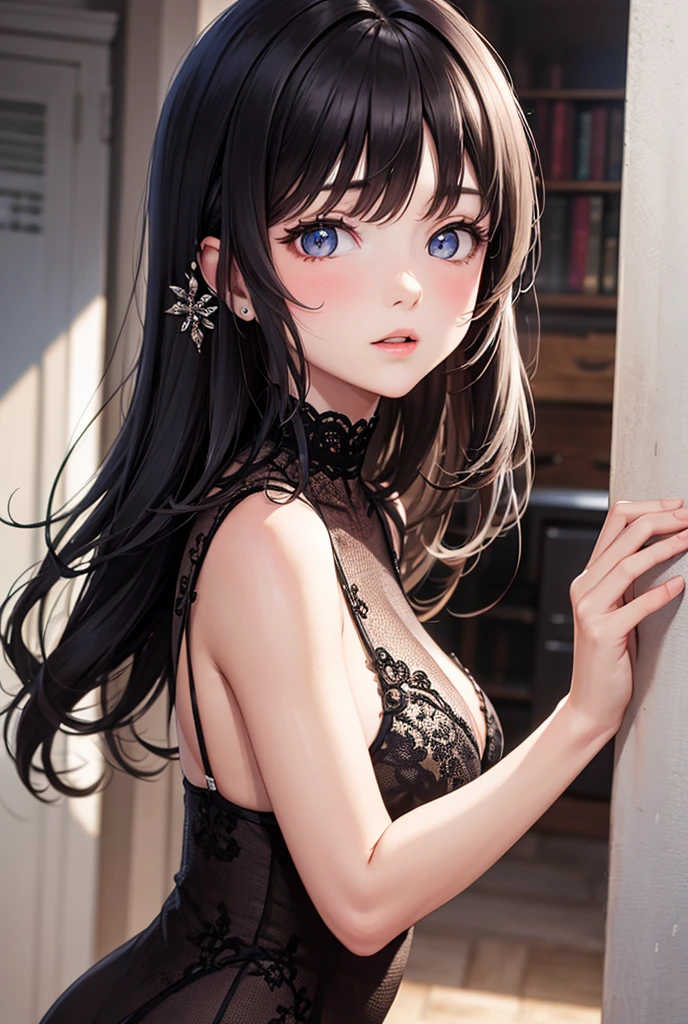 generate a beautiful dead girl. She has risen from the dead. come up with her image, clothes, hair, eye color, hair, clothes
