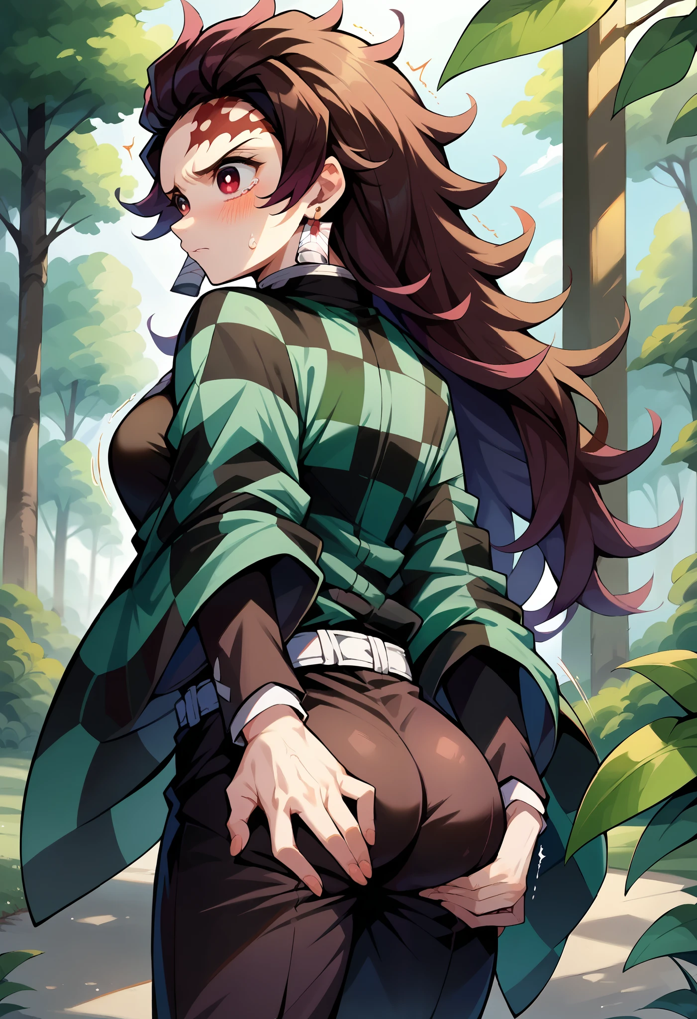 score_9, score_8_up, score_7_up, 1girl, female focus, solotanj1rokamad0, scar on forehead, long hair, brown hair, red eyes, demon slayer uniform, japanese clothes, checkered clothes, haori, black jacket, long sleeves, black pants, white belt, shaking, earrings, sad, blushing, standing, holding ass, from behind, ass, forest, medium breasts, genderswap \(mtf\)
