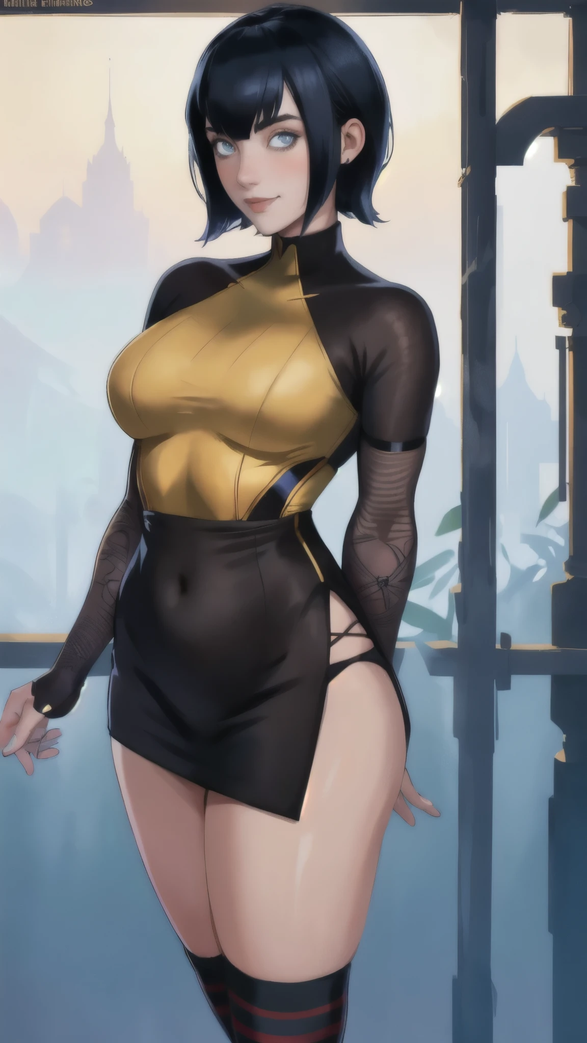 Billie Eilish, Mavis costume, sexy smile, looking at the viewer , arms behind your back, An impressive and intricate full color portrait , amazingly intricate, of a 20 year old sks woman with short black hair, short bob cut, black dress, striped socks, epic character composition, ( highly detailed skin :1.3), pores, by ilya kuvshinov, albi albi, nina masic, sharp focus, natural lighting , subsurface dispersion , F2, 35 mm, Film grain,