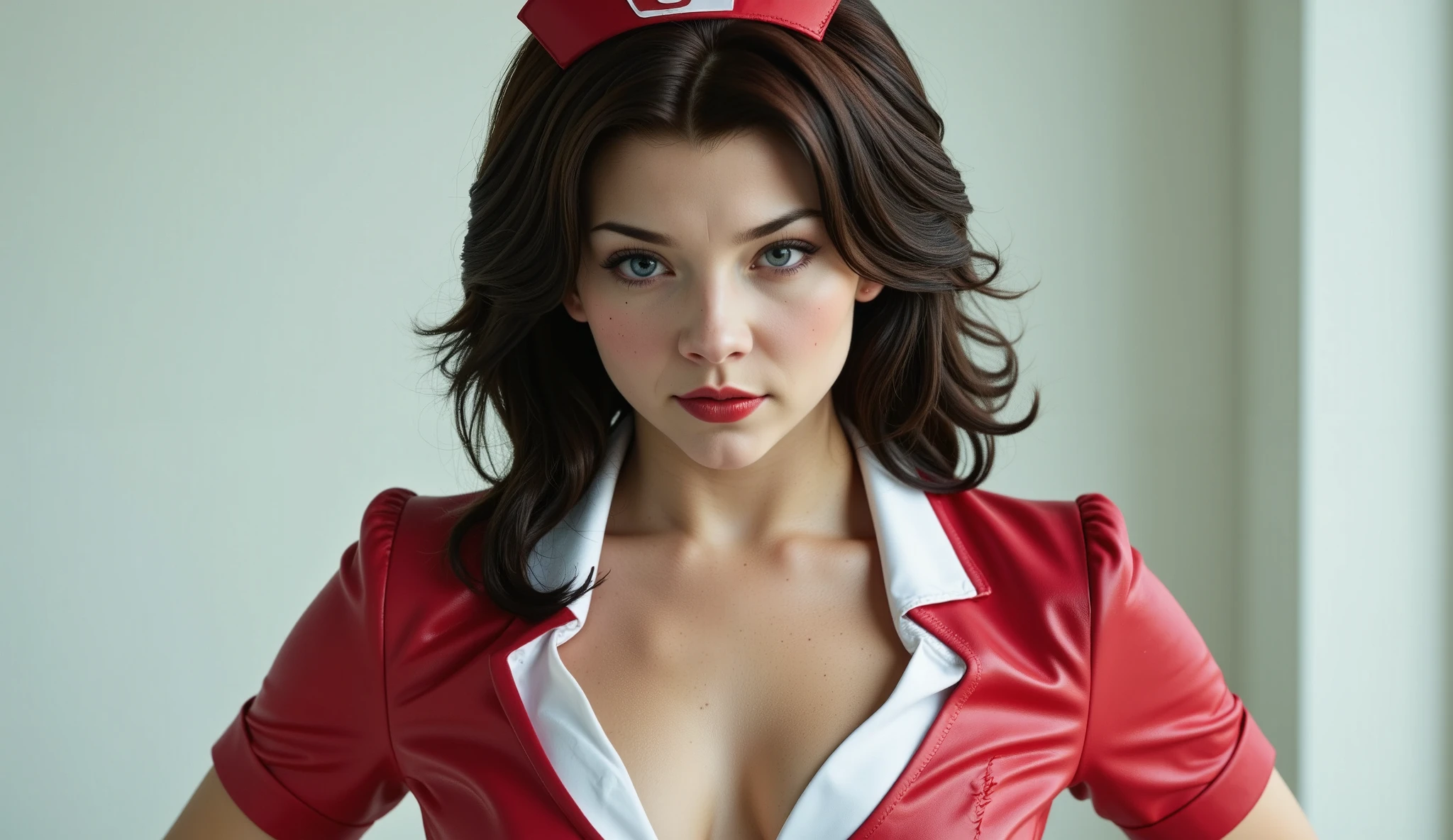 a nurse wearing a latex uniform, she is wearing red lip gloss, latex, kinky latex, latex choker, nurse hat, deep red lip vinyl gloss, extreme thot egirl makeup