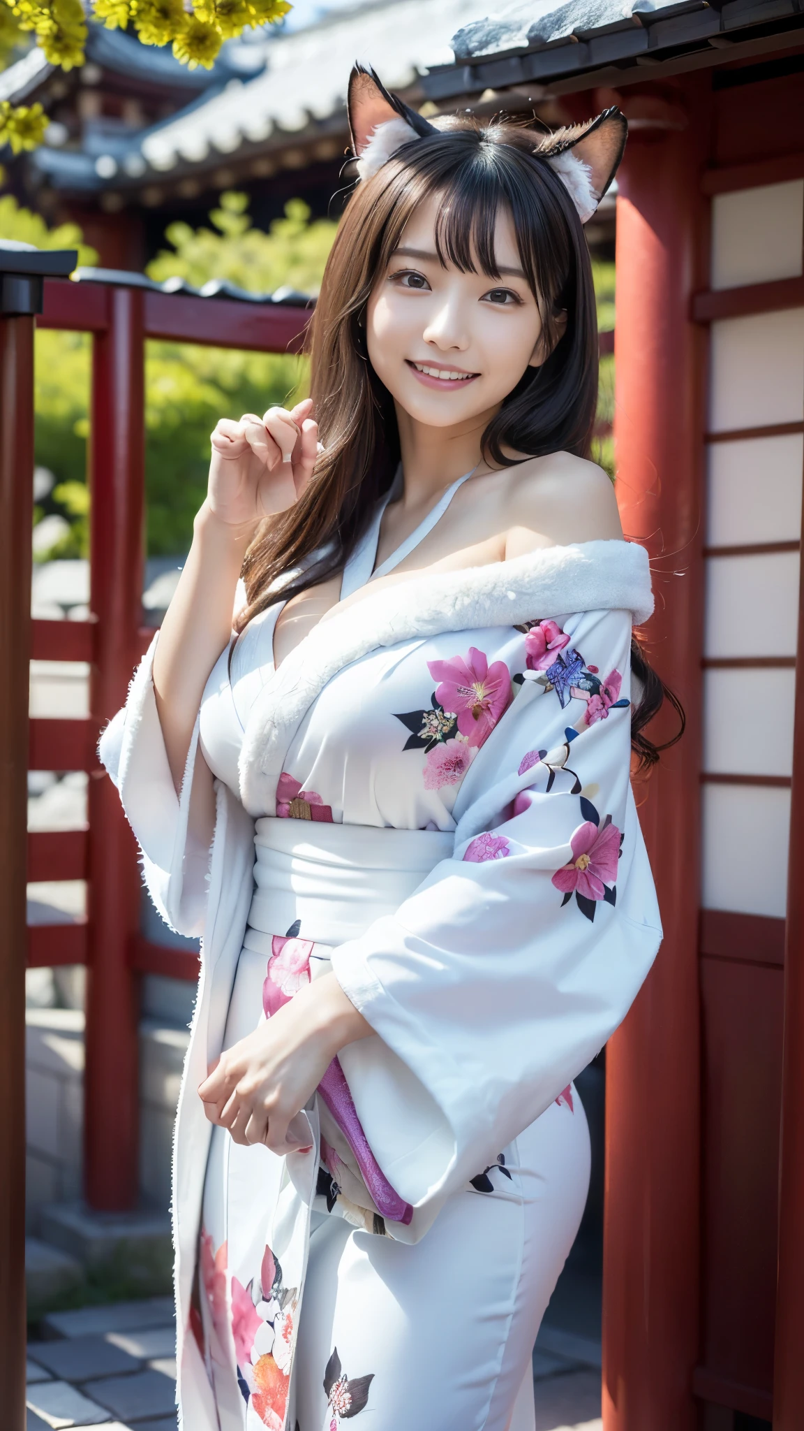 top quality, Masterpiece, Ultra High Resolution, High Definition RAW Color Photos , pro pics, natural skin texture, fine skin, hyperrealism, Ultra-Fine,16k, smiles,(gigantic breasts),Japan,(((煌びやかなJapanの着物,floral long sleeve kimono,right color花柄振袖,white fur shawl,Fur stole,Japan人女性2人,another face duo,Group of 2, Beast Ears, Shrine grounds,(claw pose,)))),(( off shoulder))