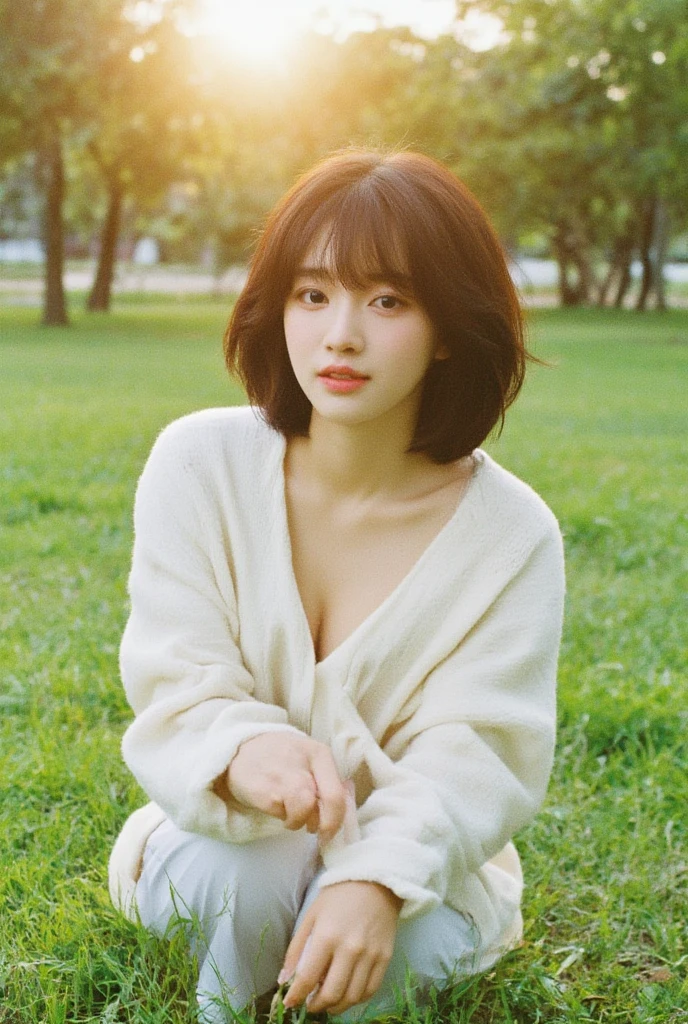 Professional photo-realistic images, (on green in sunset park), (No bra and wearing a loose white pullover) A cute Japanese woman with fluffy short hair 20 years old, she is crouching, leaning forward, and placing her hands on her knees. the pullover collar is dangle down from chest, her breasts and nipples are glimpse from the gap, She looks at me and blushes with a shy smile. Composition from directly above, nsfw,