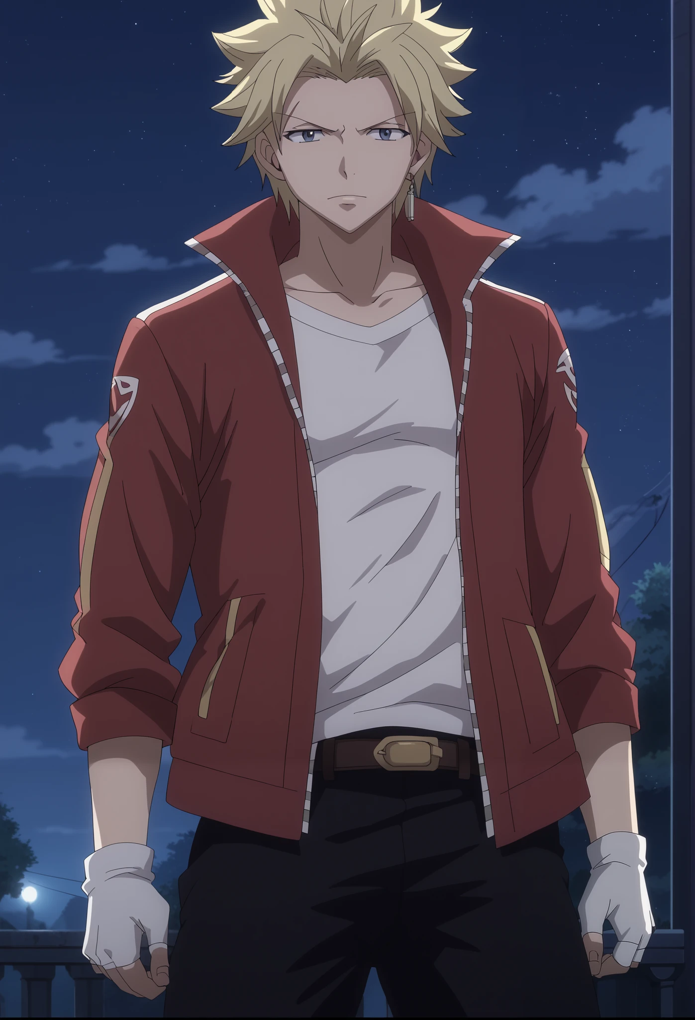 front view, Frontal portrait, Medium close-up, looking at viewer, score_9, score_8_up, score_7_up, source_anime, StingFT, Sting blonde hair, light yellow Sting, 1boy, male focus, anime screencap, (a red men's jacket, which fits his athletic figure. Underneath, he wears a black long sleeved T-shirt. His pants are dark and tight fitting, and he completes the look with white fingerless gloves that add a modern touch). He also usually wears a belt with a decorative buckle, dark night sky background with soft shadows, soft blue lighting highlighting his features, high-quality anime details, vivid colors