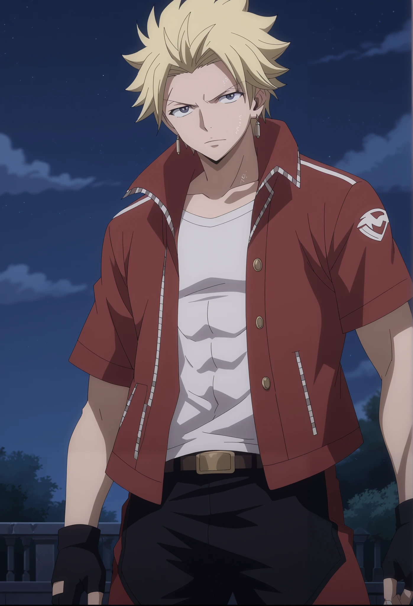 front view, Frontal portrait, Medium close-up, looking at viewer, score_9, score_8_up, score_7_up, source_anime, StingFT, Sting blonde hair, light yellow Sting, 1boy, male focus, anime screencap, (a red men's jacket, which fits his athletic figure. Underneath, he wears a black long sleeved T-shirt. His pants are dark and tight fitting, and he completes the look with white fingerless gloves that add a modern touch). He also usually wears a belt with a decorative buckle, dark night sky background with soft shadows, soft blue lighting highlighting his features, high-quality anime details, vivid colors