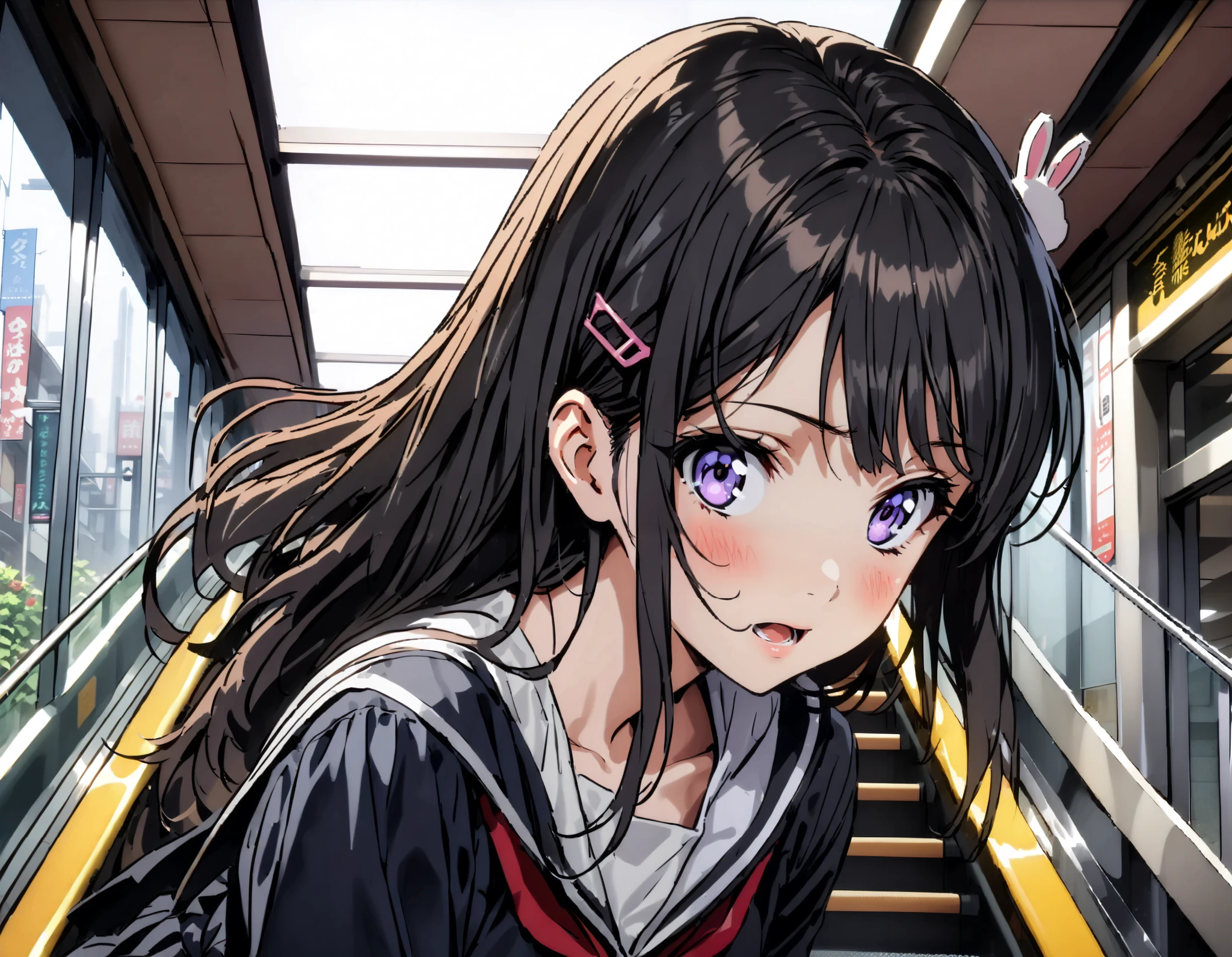 household, Mai Sakurajima , long hair, bangs, black hair, hair ornament, Purple Eyes, hair clip, rabbit hair ornament,blush, is astonished, open your mouth,Black sailor suit, Long Sleeve, black mini pleated skirt ,Black socks,winter,
Standing on the Escalator , (Up escalator), ( 1 .3), (View from behind1.3)、 ( Black Panties :1.3)、( eats the hair of her rolled up skirt :1.3)、(Panties fully exposed:1.5),
break looking at viewer,whole body,
break outdoors,Around town,
break (masterpiece:1.2), top quality, high resolution, unity 8k wallpaper , (shape:0.8), ( attention to beautiful details:1.6), very detailed face, perfect lighting, Highly detailed CG, ( perfect hand, perfect anatomy),