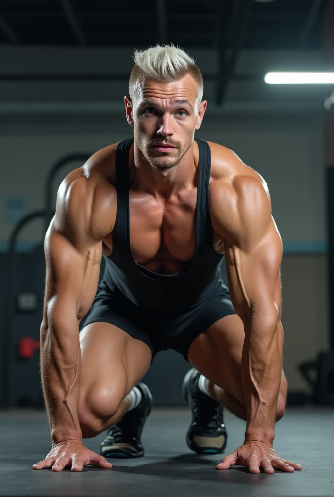 Masterpiece, denoise, void noise, one man, best quality, 8k resolution, male focus, focus only, amazing composition, volumetric lighting, super quality, elegant, Very detailed, , front view, facing viewer, -----------, 35 years old, mature face, muscular, Caucasian, (((white skin, pale skin))), handsome, (detailed light-blue eyes), ((light blonde hair, messy medium hairstyle)), big ears, (hairy pectorals, thick plenty chest and body hair), (medium long beard), (((((Jim Sturgess mixed with Russell Tovey))))), (((big nipples, perky nipples))), ------------, ((((detailed slightly down shorts)))), ((((shirtless))), (((daylight))), (((running on a treadmill)))