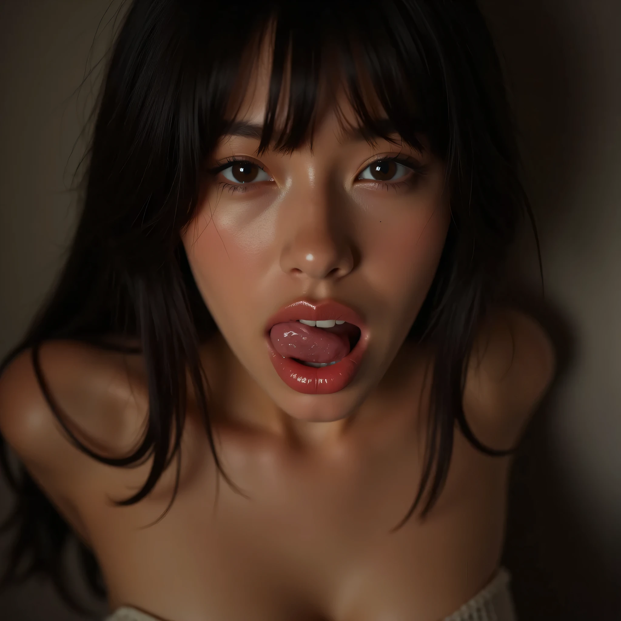 (NSFW),(hyper_realistic_porno_portrait,point_of_viewer shot),(masterpiece,best quality,ultra detailed,high_resolution,photo_realist,Thorough realism,raw photo,Absurd_res:1.1),(ung_girl open mouth wider and show sexy_tongue),complete_nude,closeup perfect_realistic_tongue,Functional,delicate,(complete nude),Japanese_Idol,black straight hair,kind Teary-eyed,erotic_expression,(bare small breast,accurate_nipples:1.1),(texture_sweaty_skin),blushed_face BREAK night bad room,warm_color dim lighting,(tongue focus),look down viewer,from_below angle shot,