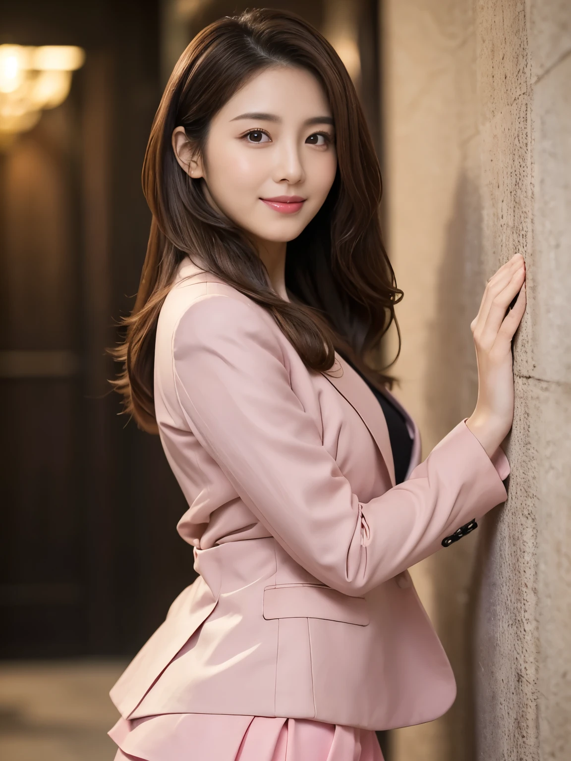 (1 female), beautiful, Great face and eyes, Compensate, (Very detailedbeautiful顔), Captivating smile, (highest quality:1.4), (Very detailed), (very detailed CG synthesis 8k wallpaper), Very detailed, RAW Photos, Professional photography, (purple suit, White mini skirt:1.2), (A business shirt with a wide open chest), length, light brown, Messy Hair、Big earrings、Close-up、