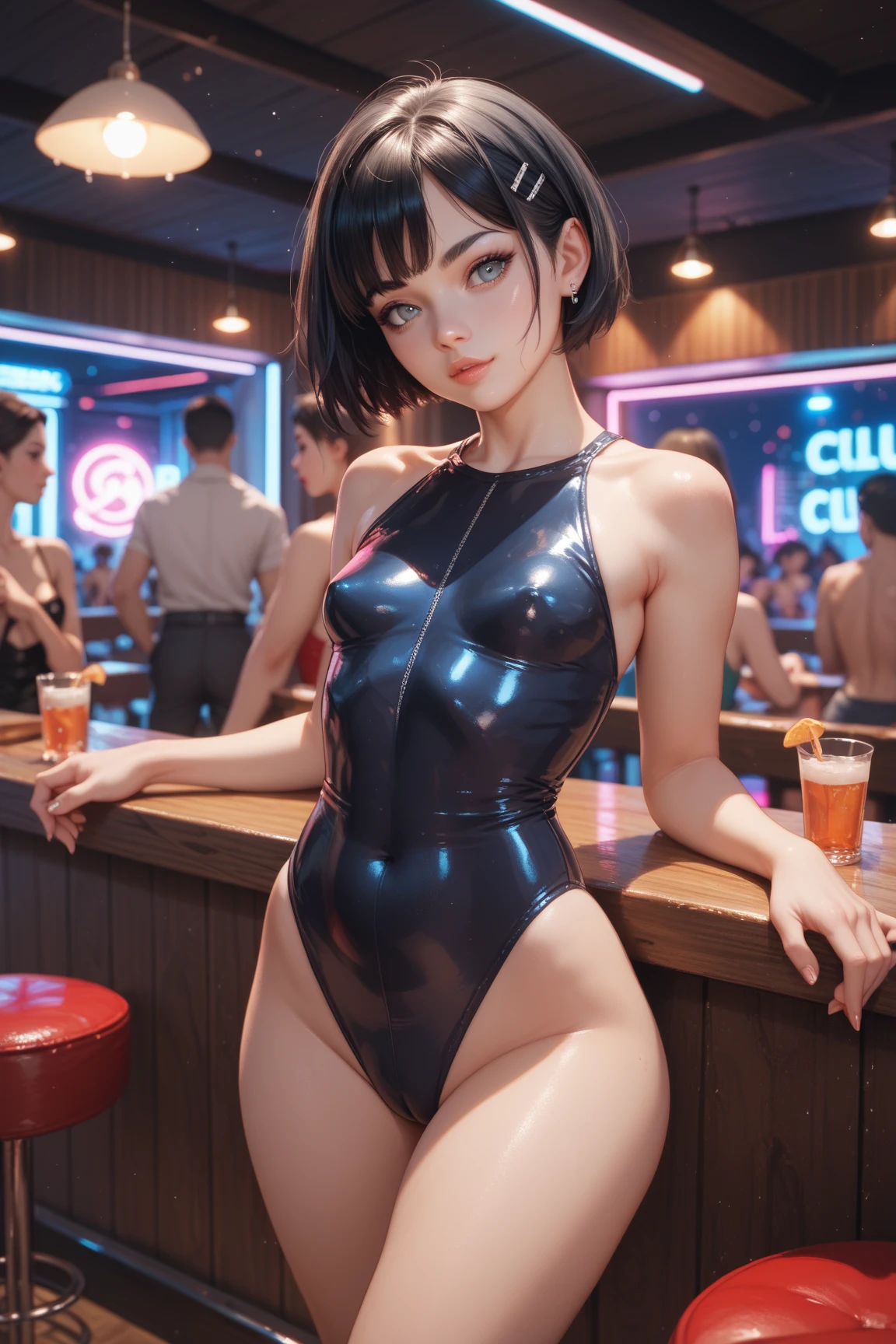 beautiful women in swimsuits at a pool , beer, dynamic atmosphere, realistic, photorealistic, 8k, detailed faces, beautiful eyes, elegant hairstyles, sparkling water, neon lights, reflections, colorful cocktails, vibrant colors, warm lighting, candid poses, lively energy, summer vibes, outdoor setting, luxury resort