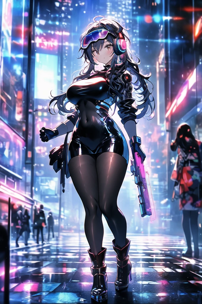 (best quality:1.3), (The best show:1.2), (Best Illustration:1.2), (Comic Style:1.2), (art film lighting:1.2) (1 person) Wearing futuristic electronic robe cyberpunk technology, His body was covered with metal parts, Horror movie background,In the cyberpunk city of the future, (Wearing a tech electronic helmet:1.2),Girl,happy,combat uniform
