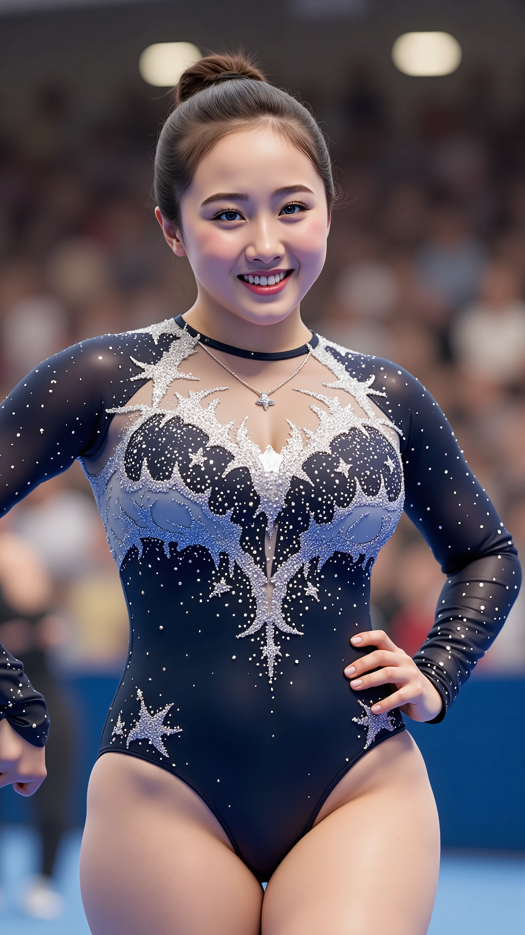 Married woman Gymnast、 Glitter Leotard、 Long Sleeve、Pearl Color、Gym、 large crowd、smile、 4K resolution、 Masterpiece、 photorealistic 、 athlete、Mature Gymnastics competition、 Bundle Your Hair 、 plump、 Big Breasts 、Adult pose、 Enchantment、 Plastic Gloss 、 full body portrait 、 front lighting