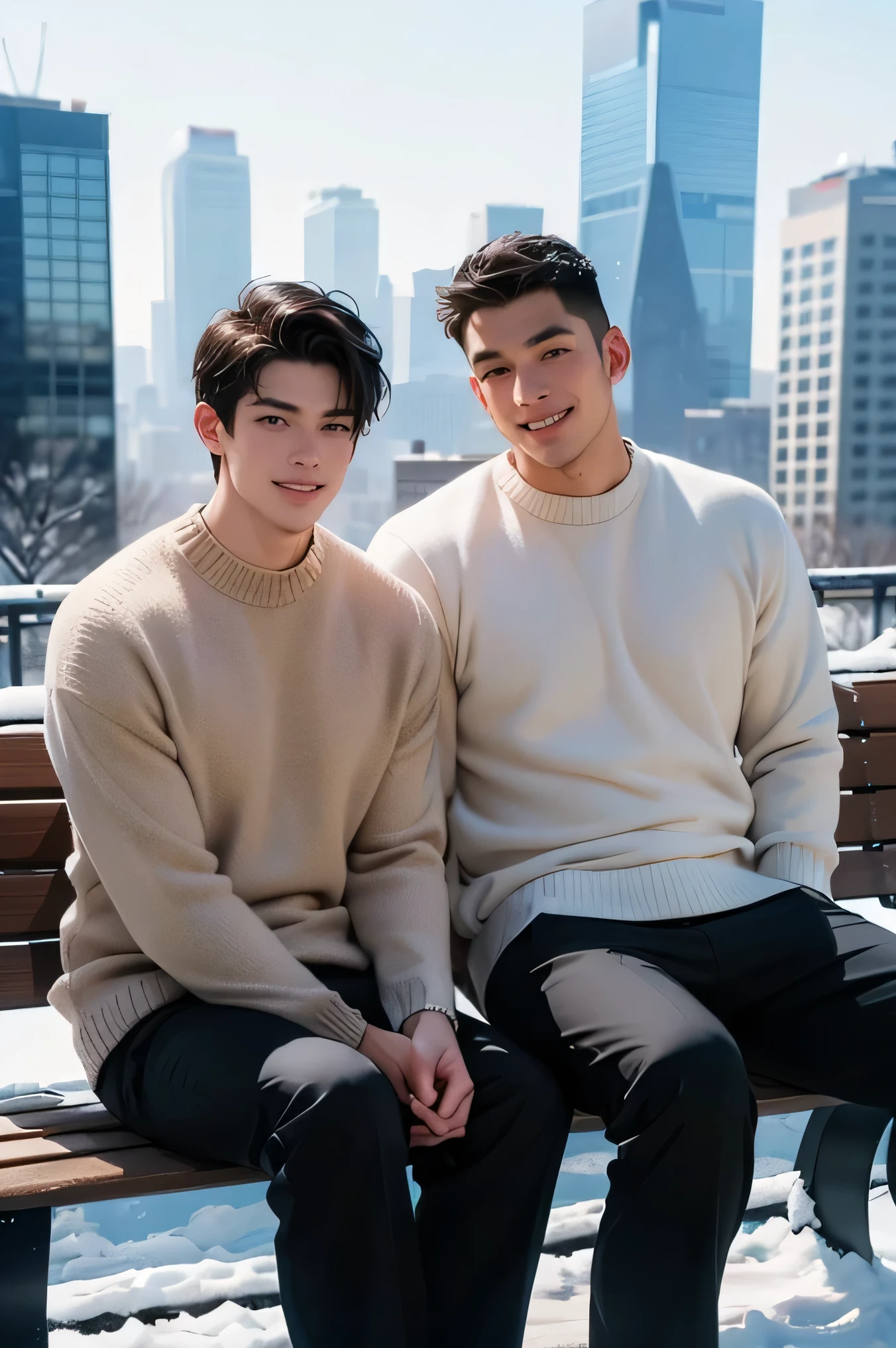 日本人duo handsome short dark hair short cropped male duo Slim figure white thick knit sweater Black R long pants sportsman type man Background is snow Just snow Skyscrapers and Highways in Future Cities universe Sit on a bench and look at the camera cross your legs smile maleduoでベンチで座る