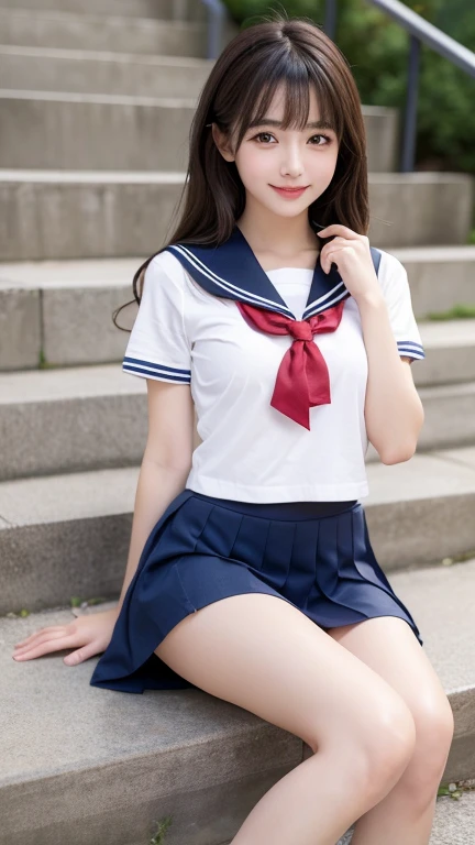 Sailor suit、She is taking off her navy blue skirt、Pulling down her skirt、White panties are visible、Short pigtails、Small breasts