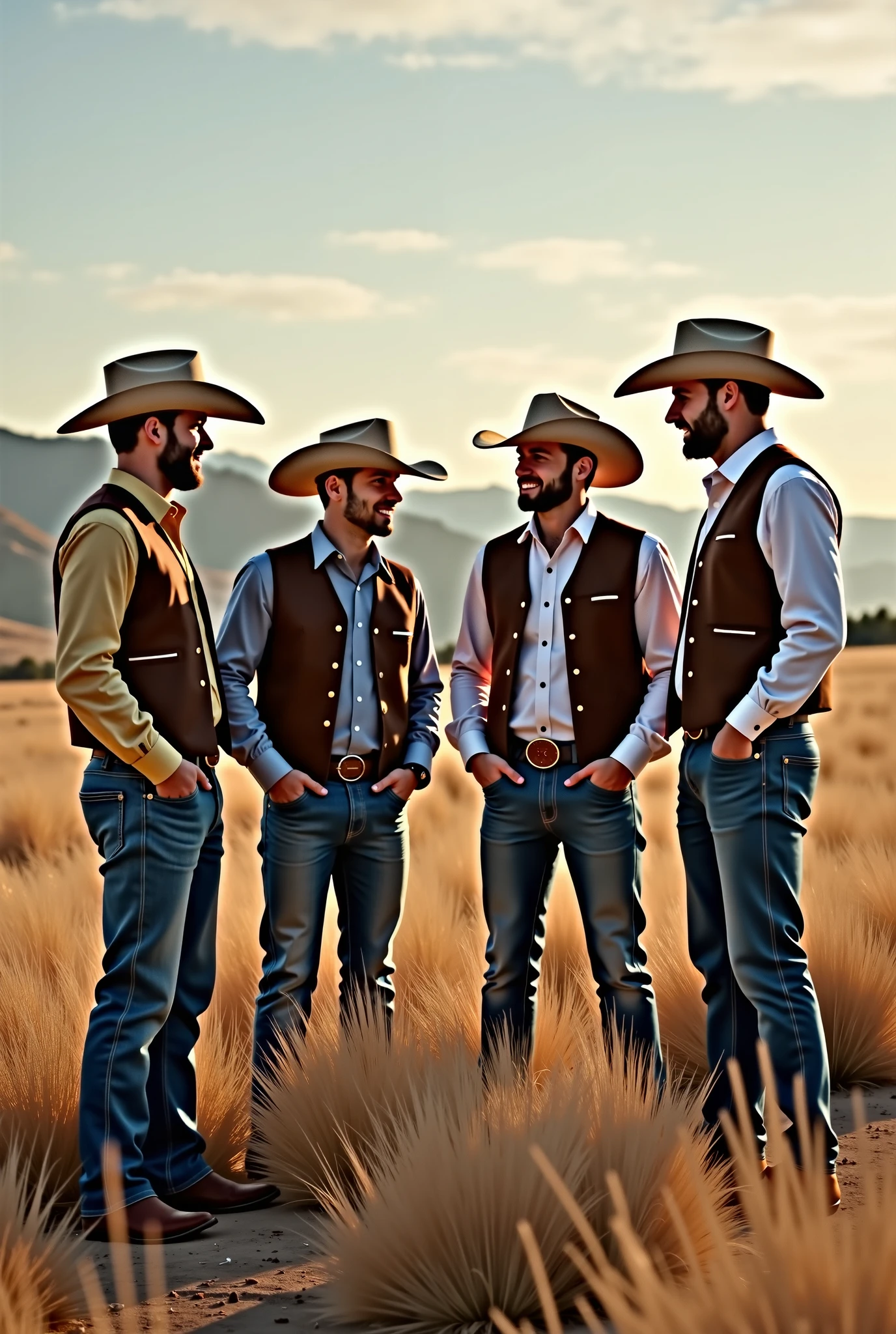 5 handsome men together cowboy handsome attractive shirtless on a tampo with a donkey with rope beside him and a young handsome man on top of the donkey smiling