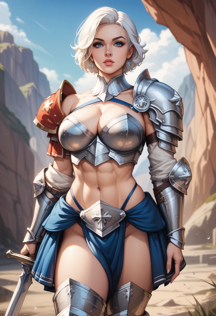 Un primer plano de una caricatura de una mujer con una espada, Armadura de bikini Caballero femenino, Chica armadura, bikini-armadura, Armadura de bikini, Armadura de bikini, Armadura gruesa, armadura blanca, ornate Armadura de bikini, pale blue armor, skintight Armadura de plata, Caballero femenino, detailed armadura blanca, knights of zodiac girl, Armadura de plata, Usando armadura!!, hermosa armadura