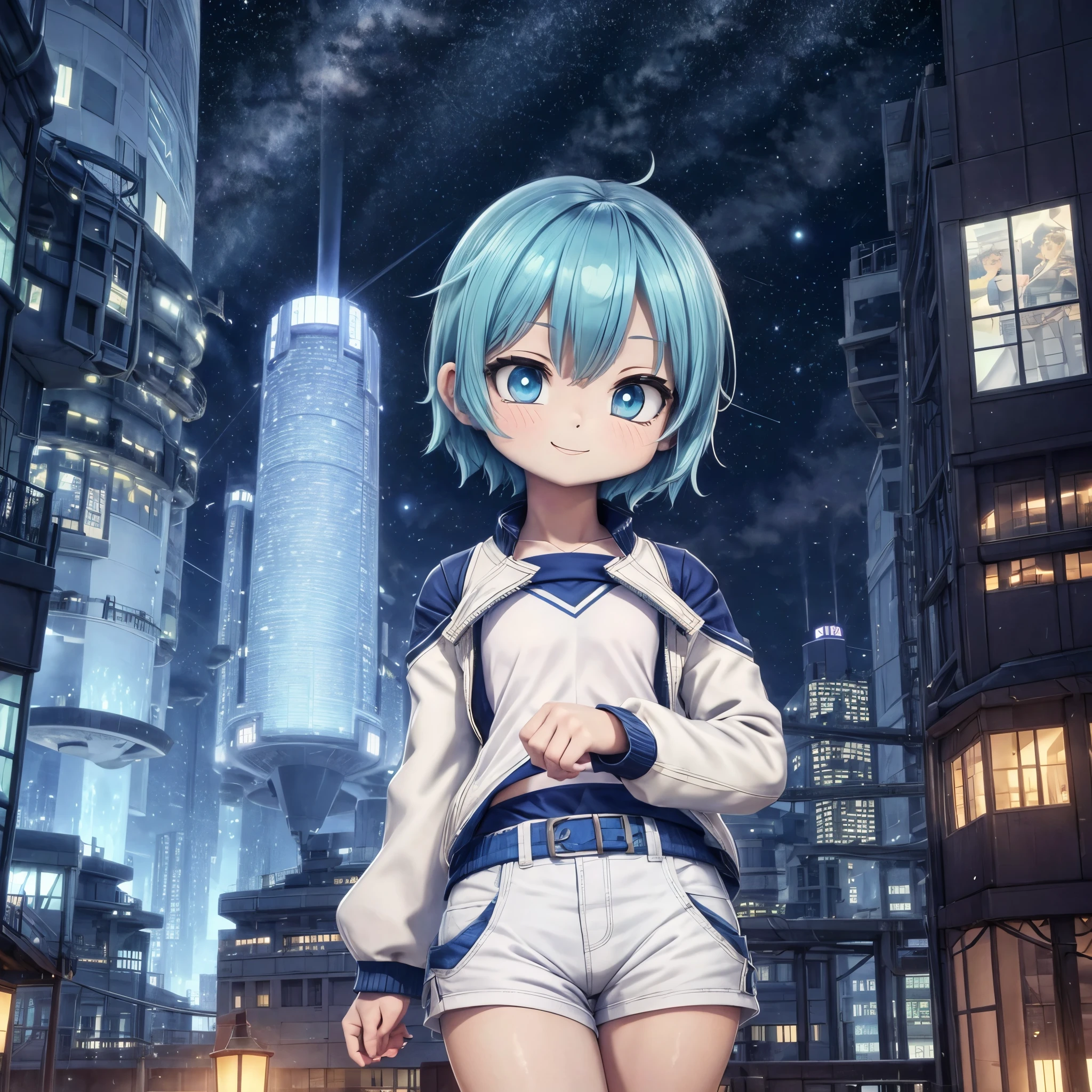 night,Starry Sky,空に浮かぶgirl,girl1people,Futuristic buildings,Flying Airship,Looking up at the sky,Short Hair,emerald hair color,Blue Mesh,Blue Eyes,,アジアpeople,smile,,Being thin,White skin,White shorts,White tank top,White jacket,Low - Angle,