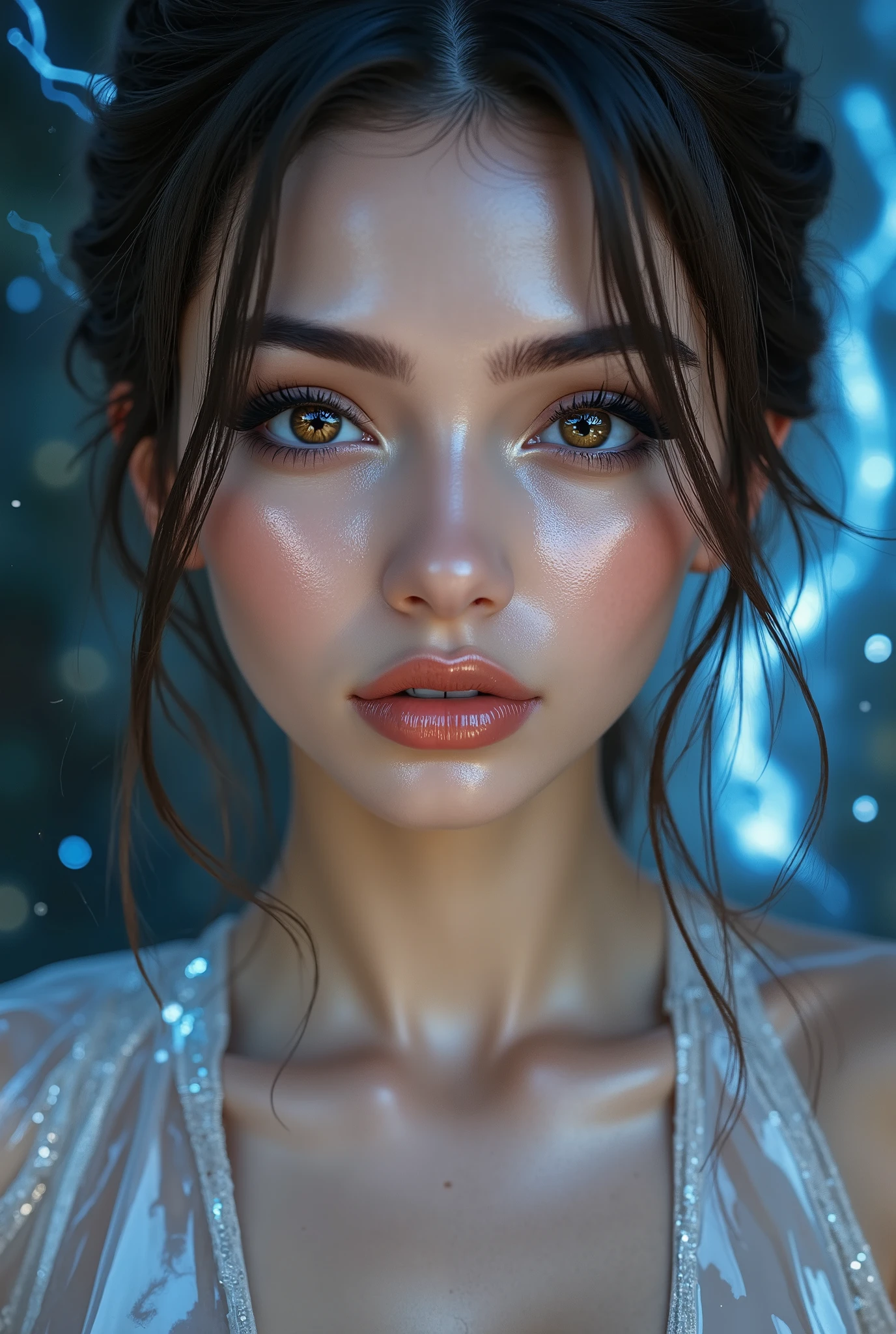 Realistic (photorealistic Realism), (high resolution), ((intricately detailed digital art)), professional photography, ((portrait)) a cute 1 Female, European, (ultra realistic texture details: velvety skin, hair),((sharp focus, no blurry eyes, high resolution, absurd quality, Realistic eyes:1.3),intricately detail:1.3),((extremely fine details eyes))((extra narrow eyebrows))(Carefully draw Long eyelashes:1.2)(perfect round eyes:1.3).((finely detailed pupils:1.3))((extremely fine details pupils:1.3))((extremely fine details iris of the eyes:1.35))(Shining, mesmerizing, Vibrant eyes:1.22).(professional makeup:1.4)((perfect dark_eyeshadows:1.4)),detailed lips:1.3,(apply glossy red_lipstick:1.3)(pink_makeup:1.28), (beautiful little nose), (firm and full breasts:1.2), (perfect proportions:1.2),(small head),(anatomically correct), ((transparent glass dress:1.3))、 and fantasy magic, (dynamic random fancy, professional hairstyles)、perfect female body, (Glamour, paparazzi taking pictures of her), ((glowing glass dress:1.3))、(makeup:1.23)、((she attracting lightnings, light effect, feminine, electricity aura)),((full body shot))