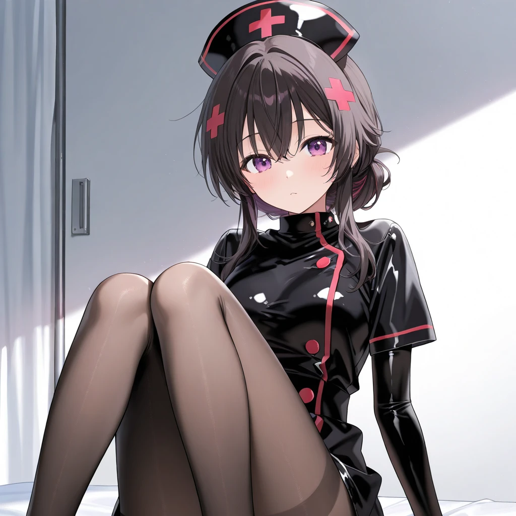 girl, black hair, Red eyes, serious look, White jacket, short white skirt, White boots, black gloves.