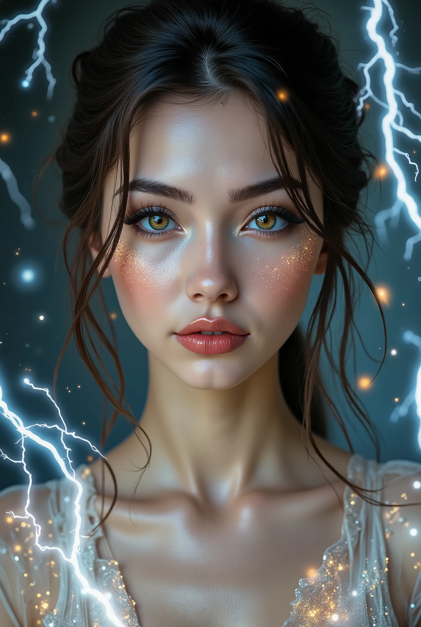Realistic (photorealistic Realism), (high resolution), ((intricately detailed digital art)), professional photography, ((portrait)) a cute 1 Female, European, (ultra realistic texture details: velvety skin, hair),((sharp focus, no blurry eyes, high resolution, absurd quality, Realistic eyes:1.3),intricately detail:1.3),((extremely fine details eyes))((extra narrow eyebrows))(Carefully draw Long eyelashes:1.2)(perfect round eyes:1.3).((finely detailed pupils:1.3))((extremely fine details pupils:1.3))((extremely fine details iris of the eyes:1.35))(Shining, mesmerizing, Vibrant eyes:1.22).(professional makeup:1.4)((perfect dark_eyeshadows:1.4)),detailed lips:1.3,(apply glossy red_lipstick:1.3)(pink_makeup:1.28), (beautiful little nose), (firm and full breasts:1.2), (perfect proportions:1.2),(small head),(anatomically correct), ((transparent glass dress:1.3))、 and fantasy magic, (dynamic random fancy, professional hairstyles)、perfect female body, (Glamour, paparazzi taking pictures of her), ((glowing glass dress:1.3))、(makeup:1.23)、((she attracting lightnings, light effect, feminine, electricity aura)),((full body shot))