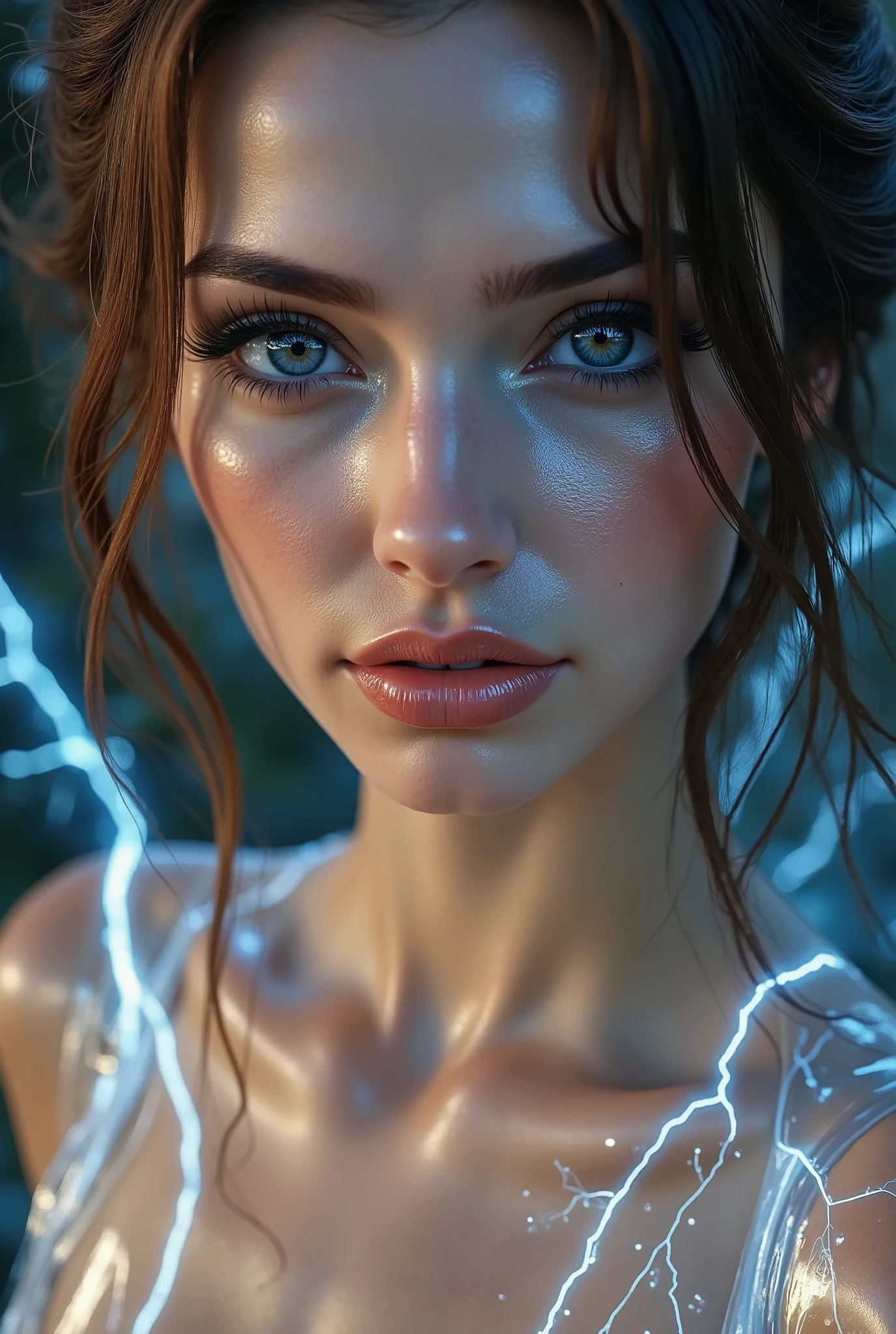 Realistic (photorealistic Realism), (high resolution), ((intricately detailed digital art)), professional photography, ((portrait)) a cute 1 Female, European, (ultra realistic texture details: velvety skin, hair),((sharp focus, no blurry eyes, high resolution, absurd quality, Realistic eyes:1.3),intricately detail:1.3),((extremely fine details eyes))((extra narrow eyebrows))(Carefully draw Long eyelashes:1.2)(perfect round eyes:1.3).((finely detailed pupils:1.3))((extremely fine details pupils:1.3))((extremely fine details iris of the eyes:1.35))(Shining, mesmerizing, Vibrant eyes:1.22).(professional makeup:1.4)((perfect dark_eyeshadows:1.4)),detailed lips:1.3,(apply glossy red_lipstick:1.3)(pink_makeup:1.28), (beautiful little nose), (firm and full breasts:1.2), (perfect proportions:1.2),(small head),(anatomically correct), ((transparent glass dress:1.3))、 and fantasy magic, (dynamic random fancy, professional hairstyles)、perfect female body, (Glamour, paparazzi taking pictures of her), ((glowing glass dress:1.3))、(makeup:1.23)、((she attracting lightnings, light effect, feminine, electricity aura)),((full body shot))