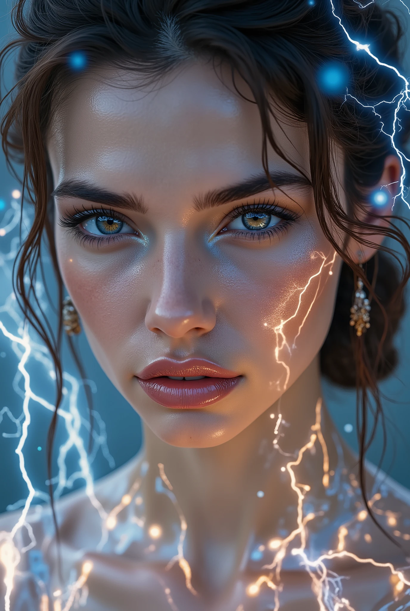 Realistic (photorealistic Realism), (high resolution), ((intricately detailed digital art)), professional photography, ((portrait)) a cute 1 Female, European, (ultra realistic texture details: velvety skin, hair),((sharp focus, no blurry eyes, high resolution, absurd quality, Realistic eyes:1.3),intricately detail:1.3),((extremely fine details eyes))((extra narrow eyebrows))(Carefully draw Long eyelashes:1.2)(perfect round eyes:1.3).((finely detailed pupils:1.3))((extremely fine details pupils:1.3))((extremely fine details iris of the eyes:1.35))(Shining, mesmerizing, Vibrant eyes:1.22).(professional makeup:1.4)((perfect dark_eyeshadows:1.4)),detailed lips:1.3,(apply glossy red_lipstick:1.3)(pink_makeup:1.28), (beautiful little nose), (firm and full breasts:1.2), (perfect proportions:1.2),(small head),(anatomically correct), ((transparent glass dress:1.3))、 and fantasy magic, (dynamic random fancy, professional hairstyles)、perfect female body, (Glamour, paparazzi taking pictures of her), ((glowing glass dress:1.3))、(makeup:1.23)、(she attracting lightnings, light effect, feminine, electricity aura),(((full body shot)))