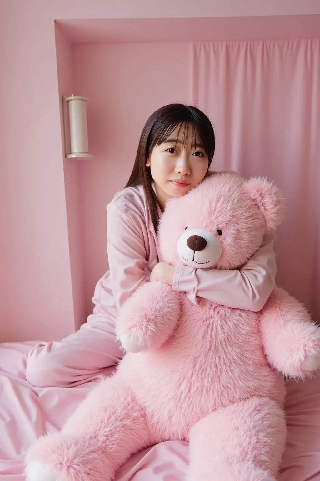 Painting of Japan woman hugging a big teddy bear, Sleeping in bed with eyes closed wearing pink pajamas, shorth hair, Young thin gravure idol, Young Pretty Gravure Idol, Young Gravure Idol, Realistic Young Gravure Idol, Japan model with beautiful face with dark hair, Young sensual gravure idol wearing pink pajamas,