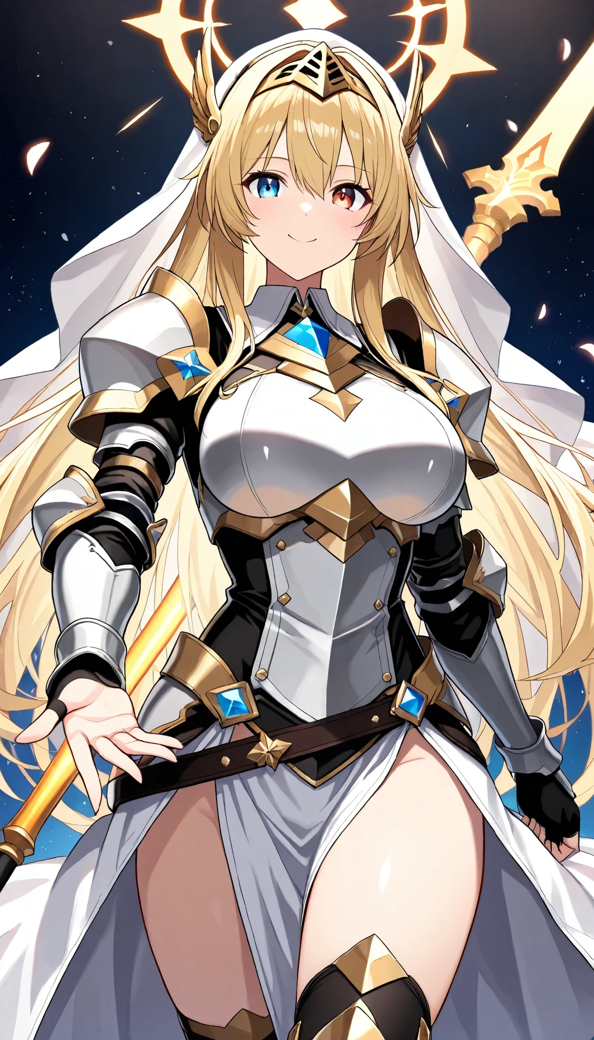 (masterpiece, best quality:1.2), 1woman, solo, \Character "Atlas"\, Holy Knight, with the Holy Spear in hand, so happy, and bless you,