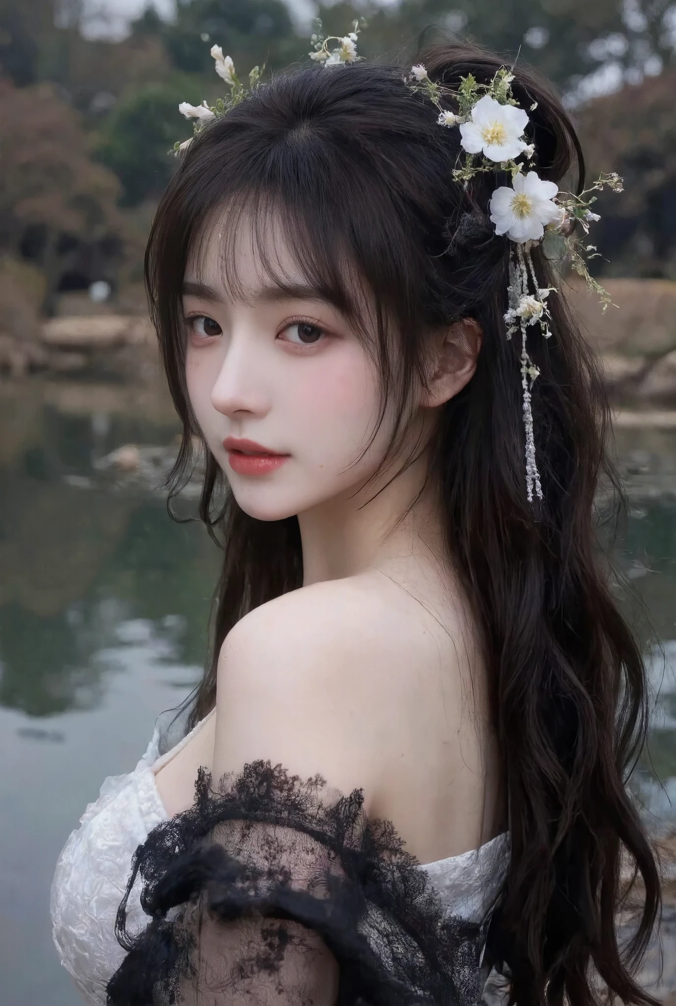 on dark background ,High-quality photography, wet texture,frost, studio photography ,engraving,Shallow depth of field,Vignette, super detailed,High Budget,Bokeh,Wide cinema ,epic,Colorful,whole body, film grain ,Black micro-curly waist-length hair,Standing by the lake,Delicate and shiny skin , left hair with a white flower headdress,Side to side and look at the camera , black and white translucent ancient Hanfu