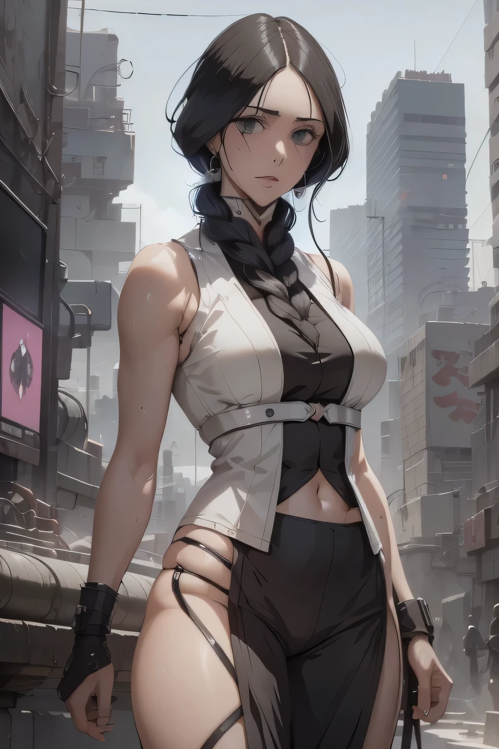 Unohana Retsu from Bleach ((sleeveless cyberpunk dress))((sexy))( masterpiece:1.3),sleeveless, black hair with single braid ,black eyes ,The best quality ,He is very detailed,Get closer to the lens,nsfw, Delicate and beautiful face ,cyberpunk world, cyberpunk city filled with cyberpunk detail, cyberpunk aesthetic, Bleach art style, background cyberpunk city