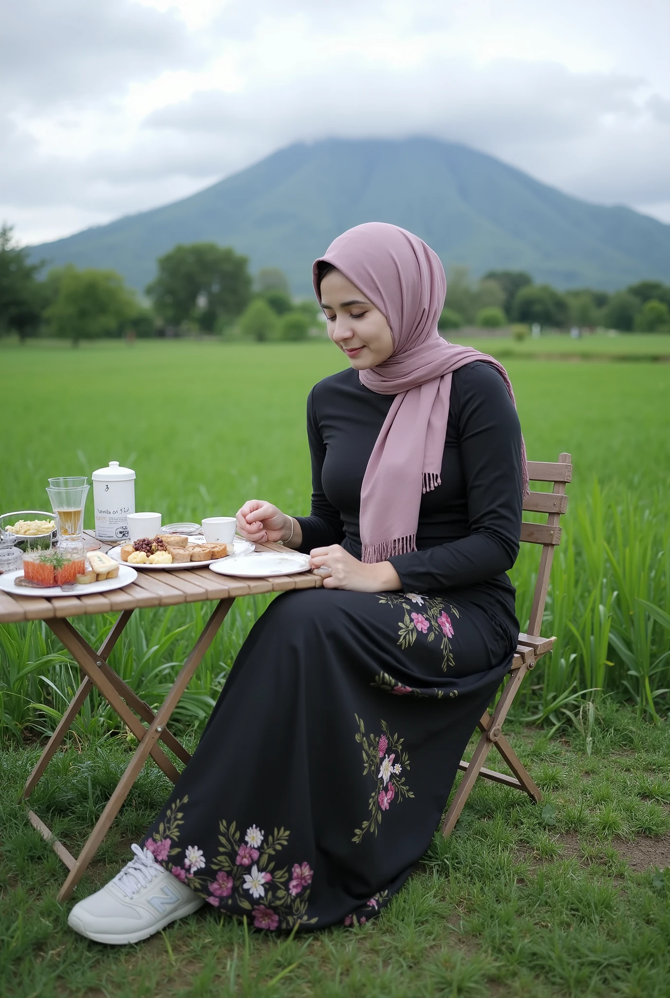 (Close-up of a better masterpiece:1.5)0.9],an asian woman with soft pink hijab muslim curvy body, wearing a long plain black shirt, a long black skirt with a floral pattern, white newbalance shoes, sitting on a folding chair, a folding table full of food, and coffee in the background of a plain of wild grass, a dewy mountain, and a cloudy sky