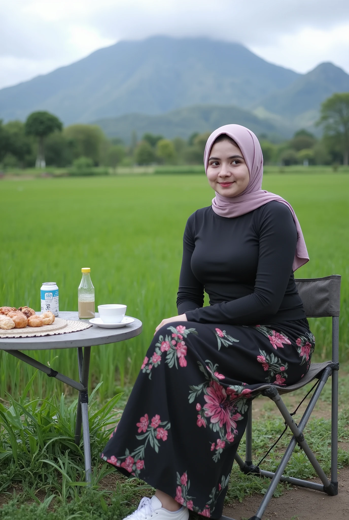(Close-up of a better masterpiece:1.5)0.9],an asian woman with soft pink hijab muslim curvy body, wearing a long plain black shirt, a long black skirt with a floral pattern, white newbalance shoes, sitting on a folding chair, a folding table full of food, and coffee in the background of a plain of wild grass, a dewy mountain, and a cloudy sky, look at the camera.